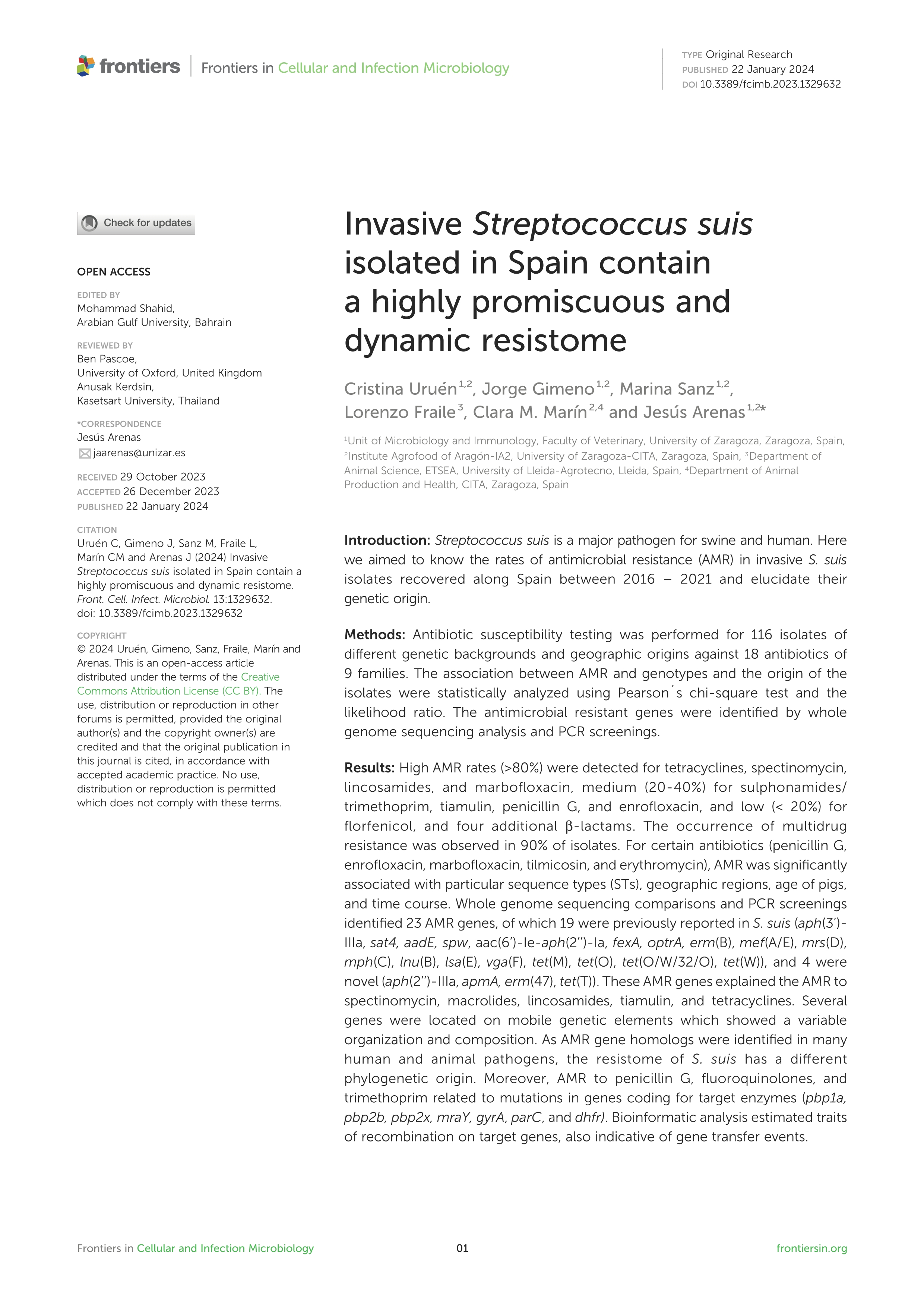 Invasive Streptococcus suis isolated in Spain contain a highly promiscuous and dynamic resistome