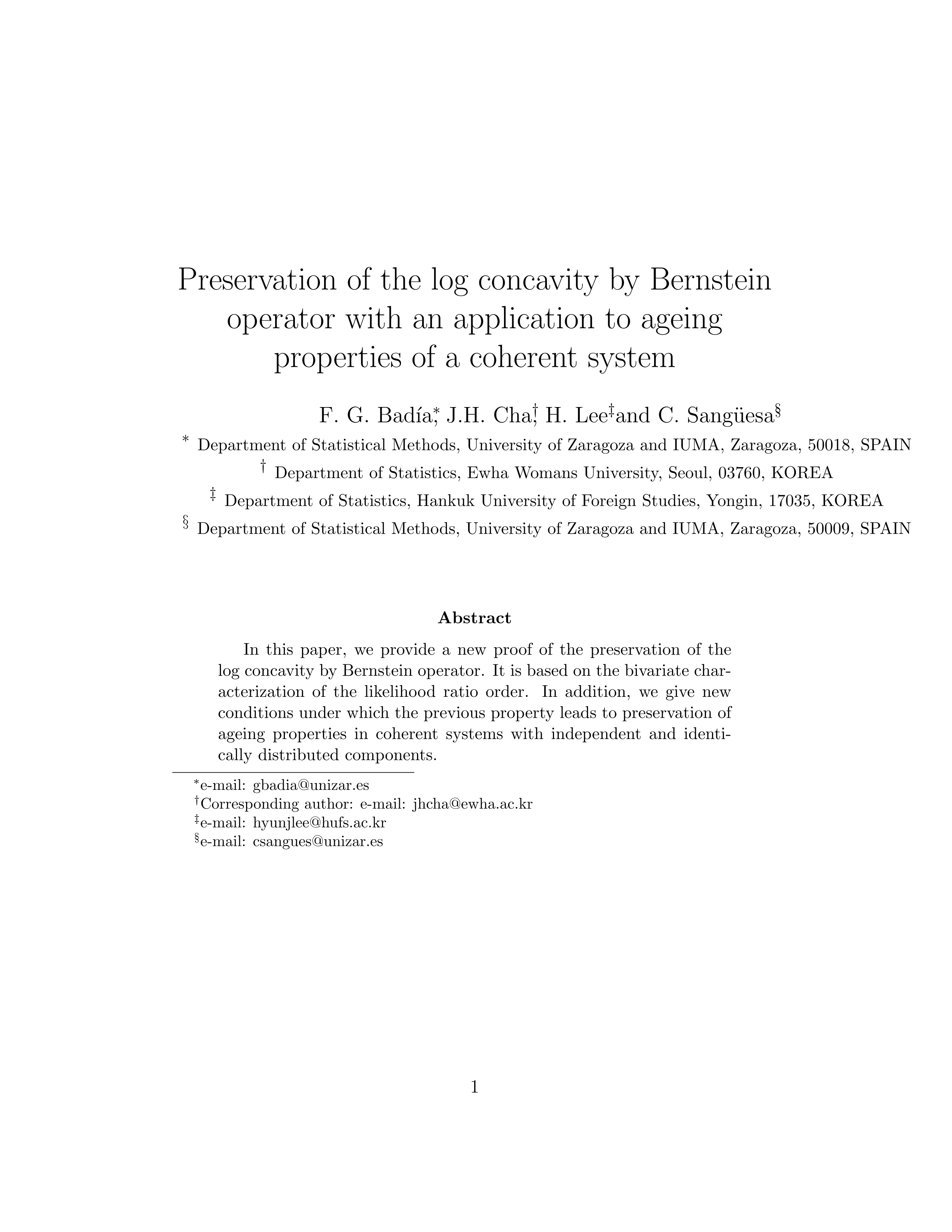 Preservation of the log concavity by Bernstein operator with an application to ageing properties of a coherent system