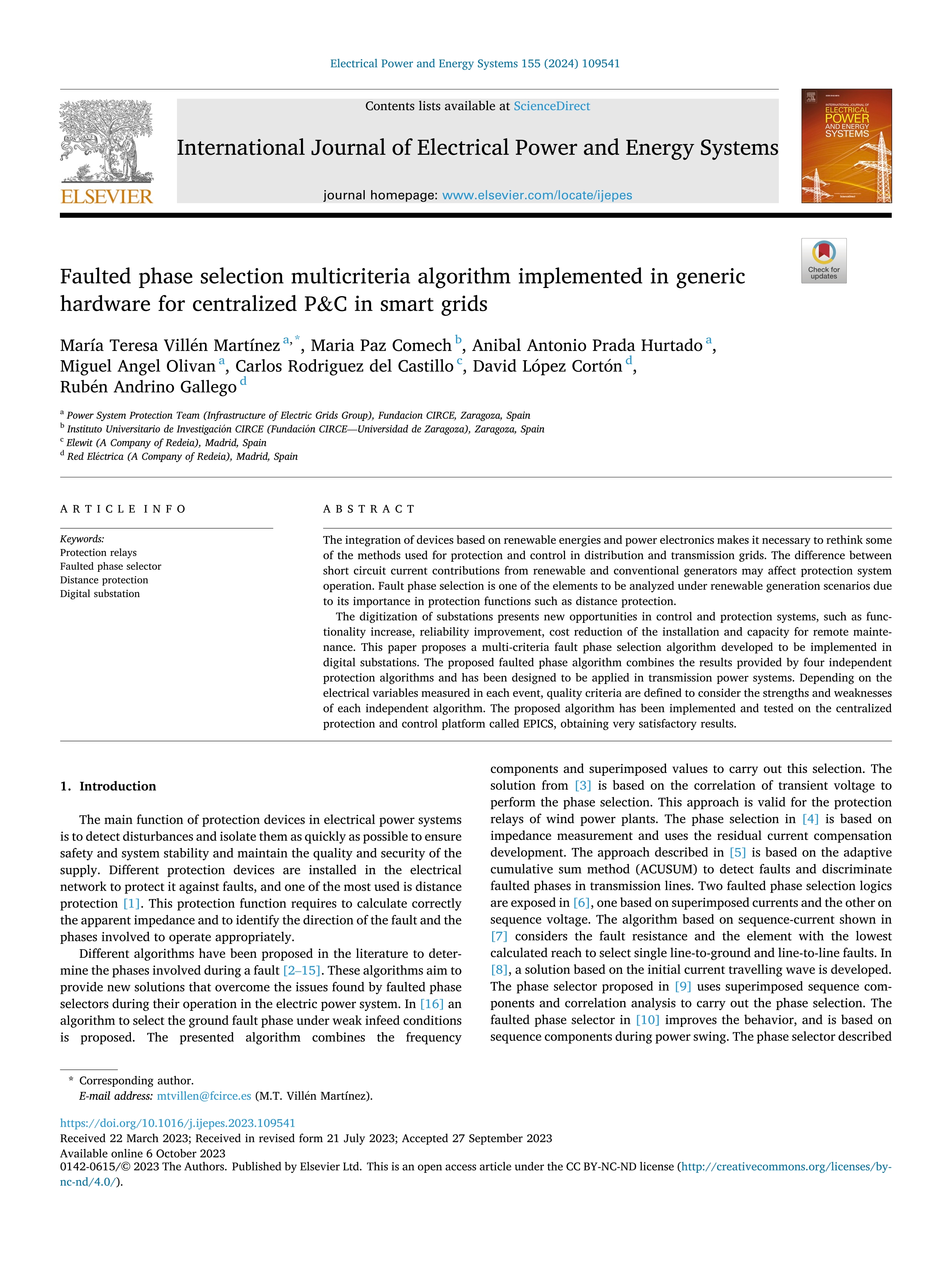 Faulted phase selection multicriteria algorithm implemented in generic hardware for centralized P&C in smart grids