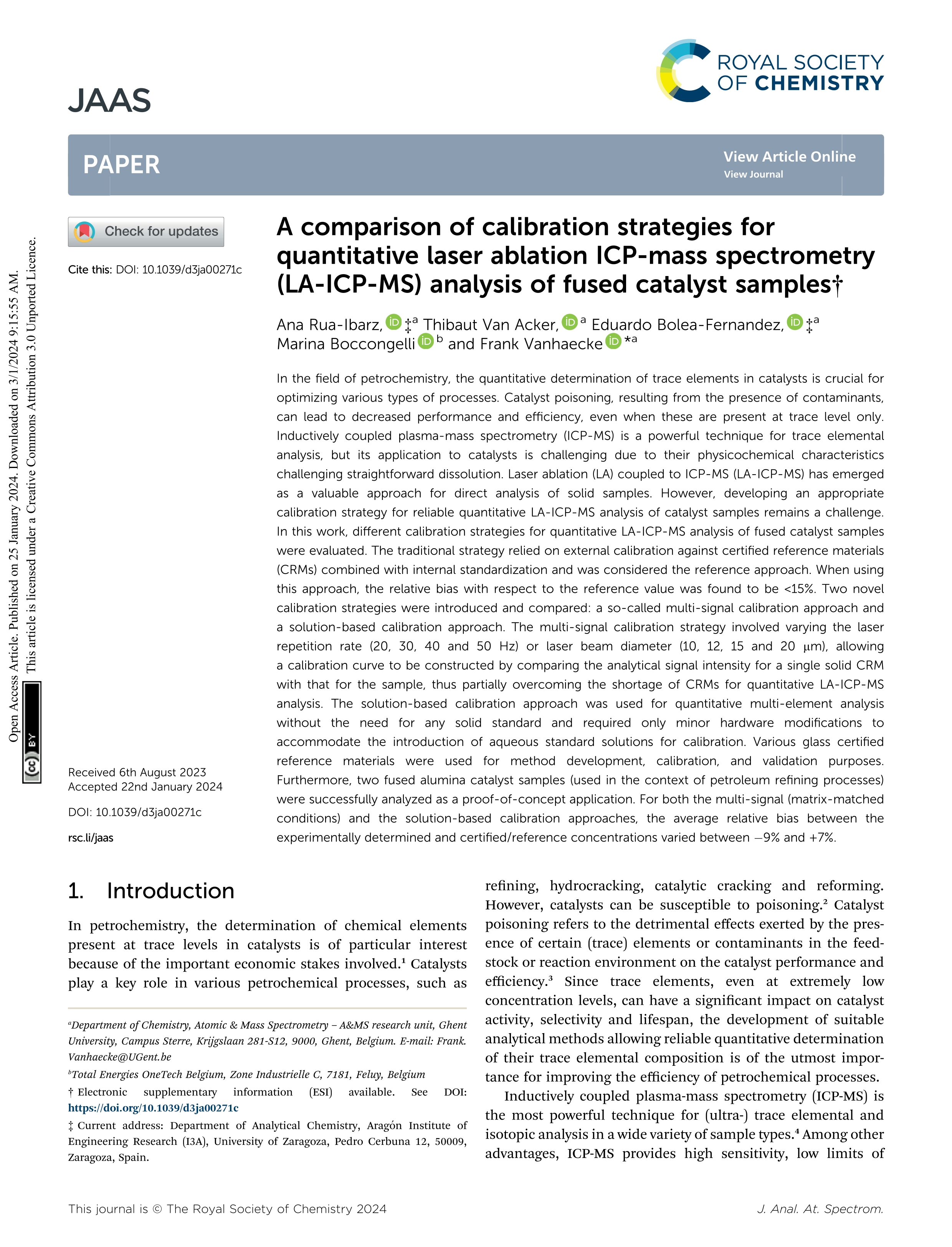A comparison of calibration strategies for quantitative laser ablation ICP-mass spectrometry (LA-ICP-MS) analysis of fused catalyst samples