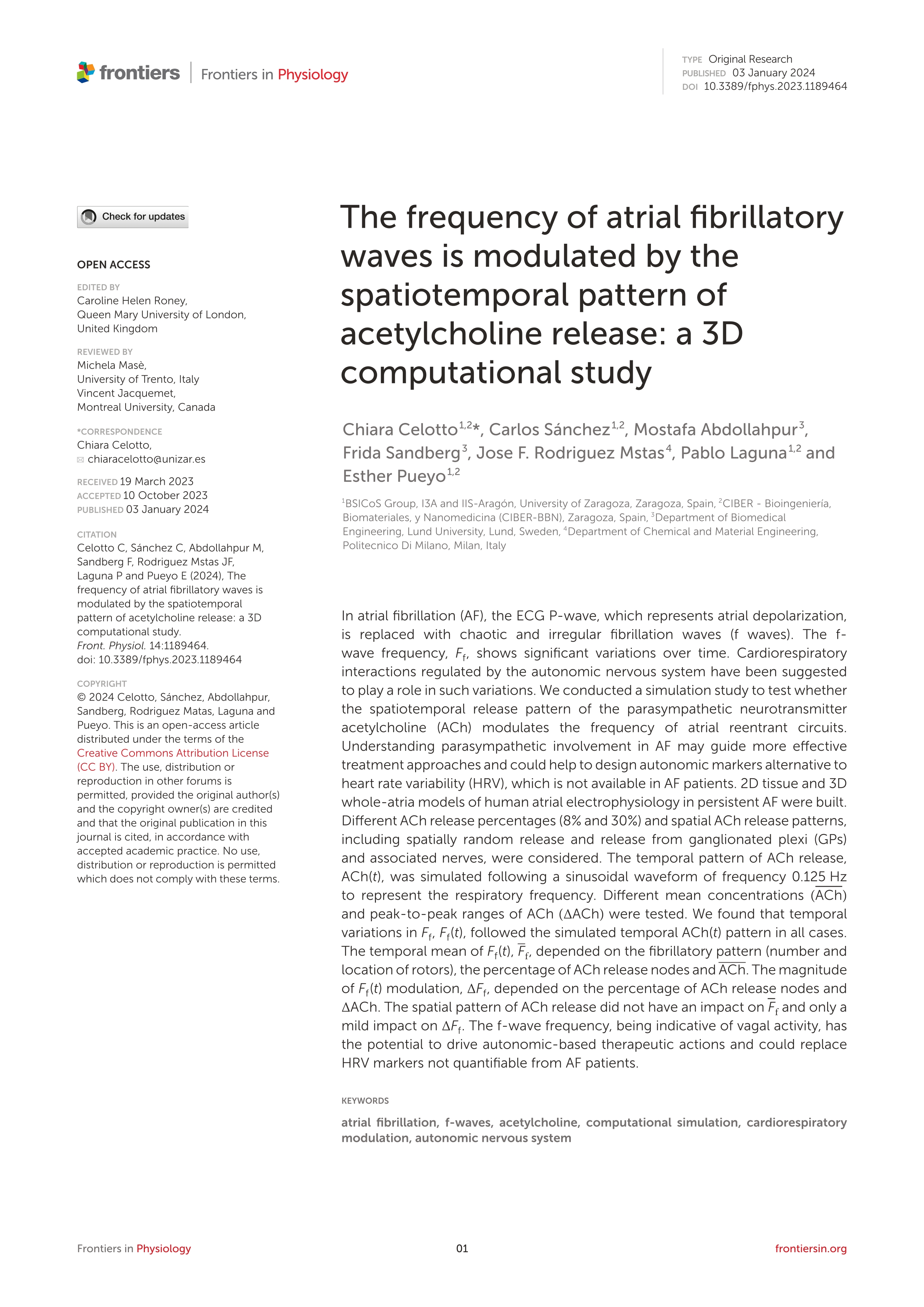 The frequency of atrial fibrillatory waves is modulated by the spatiotemporal pattern of acetylcholine release: a 3D computational study