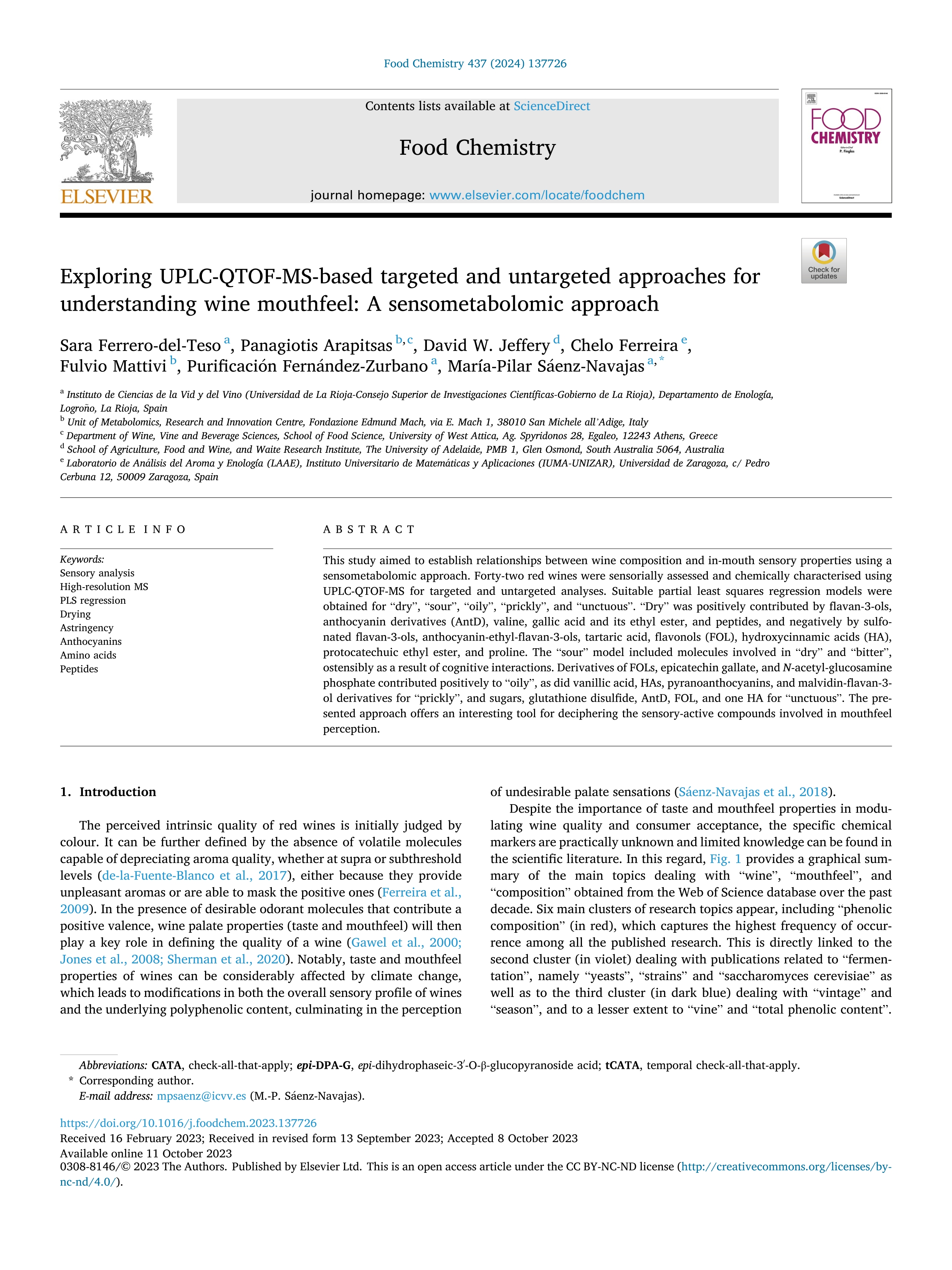 Exploring UPLC-QTOF-MS-based targeted and untargeted approaches for understanding wine mouthfeel: A sensometabolomic approach