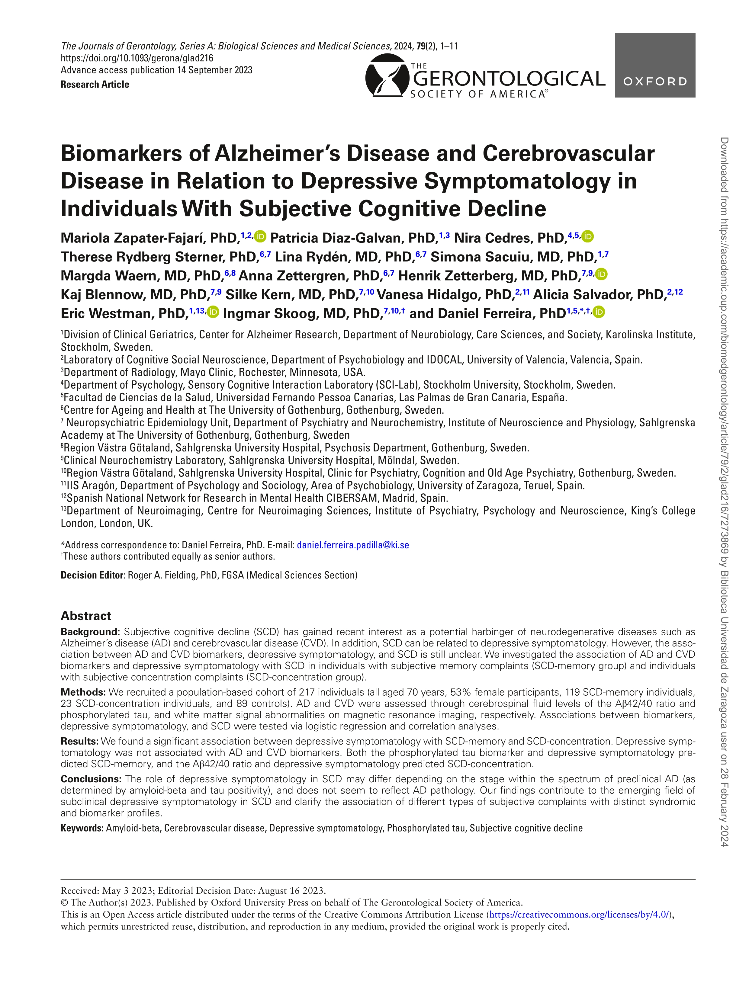 Biomarkers of Alzheimer’s Disease and Cerebrovascular Disease in Relation to Depressive Symptomatology in Individuals With Subjective Cognitive Decline