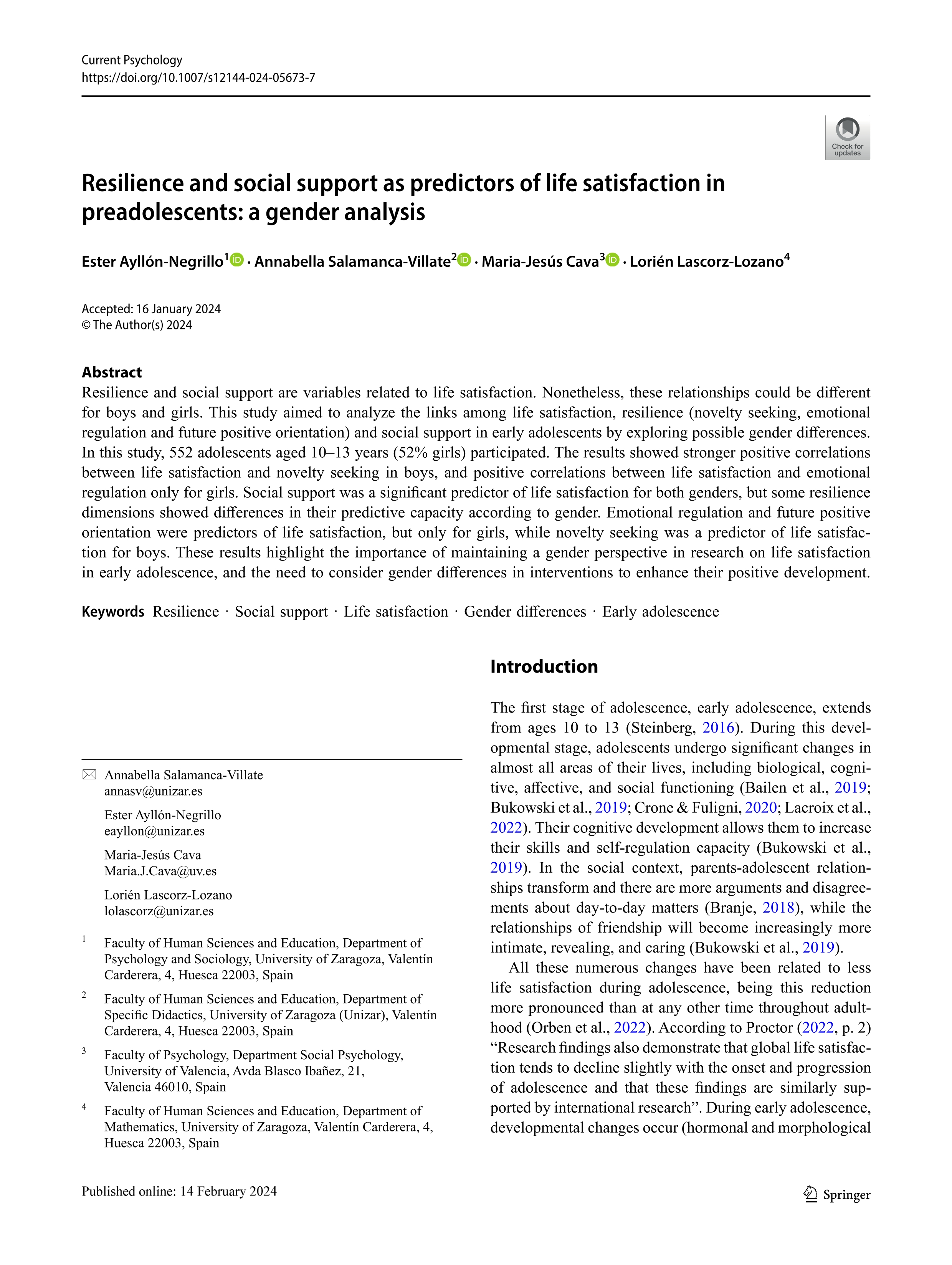 Resilience and social support as predictors of life satisfaction in preadolescents: a gender analysis