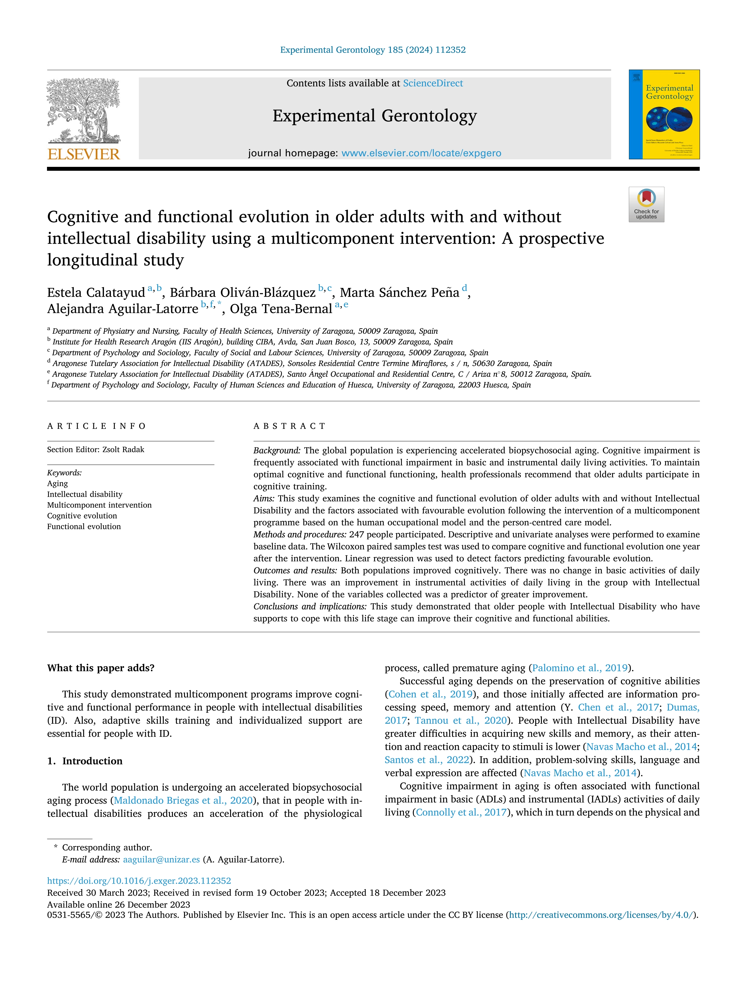 Cognitive and functional evolution in older adults with and without intellectual disability using a multicomponent intervention: A prospective longitudinal study