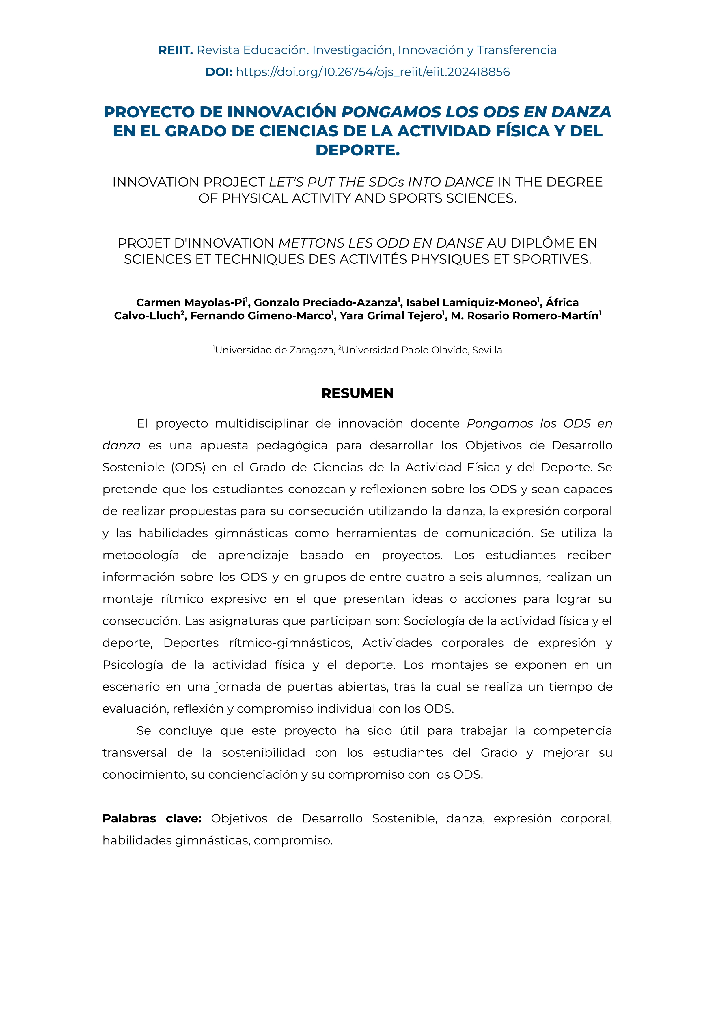 Proyecto de Innovación Pongamos los ODS en Danza en el Grado de Ciencias de la Actividad Física y del Deporte