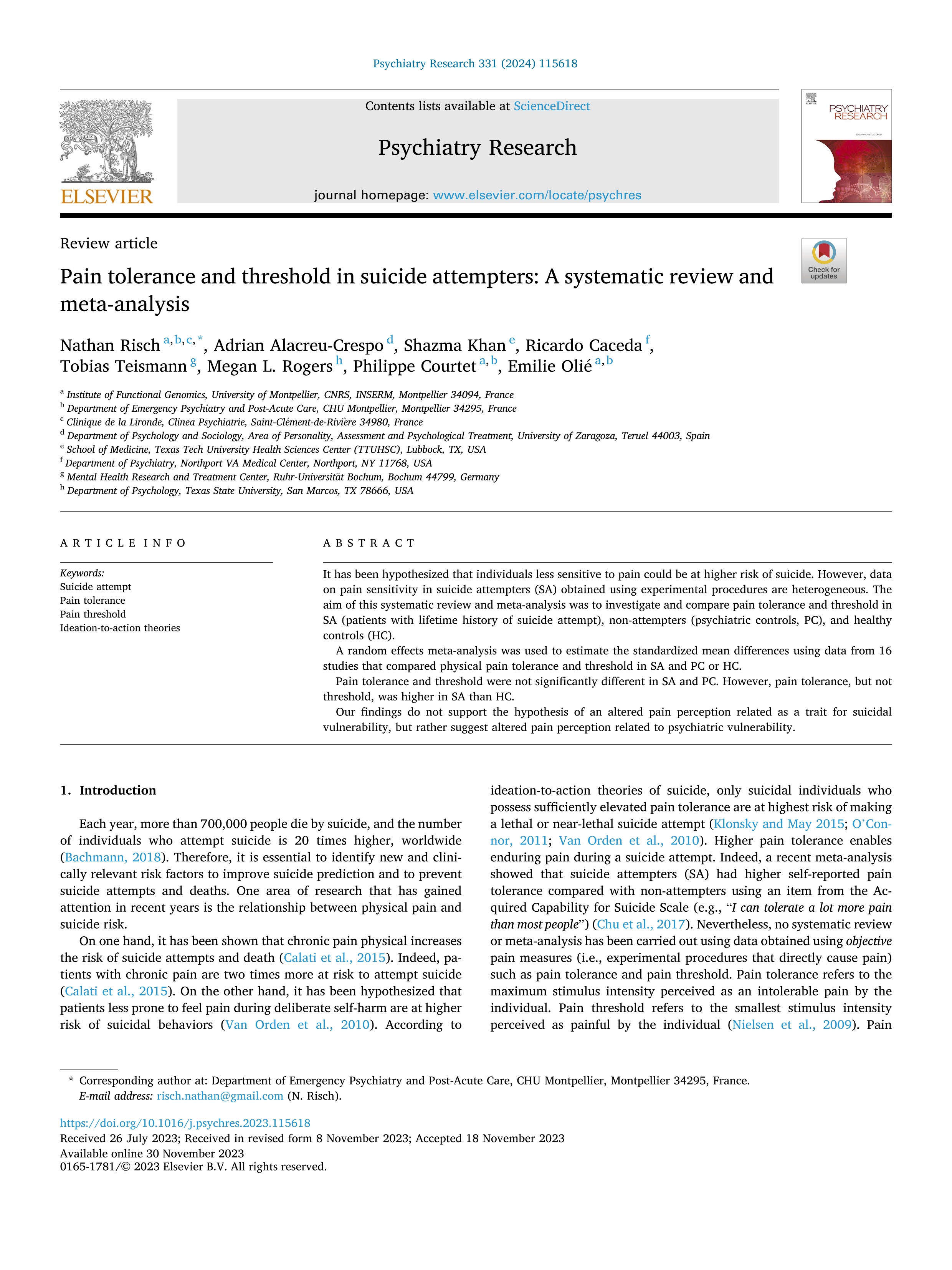 Pain tolerance and threshold in suicide attempters: A systematic review and meta-analysis