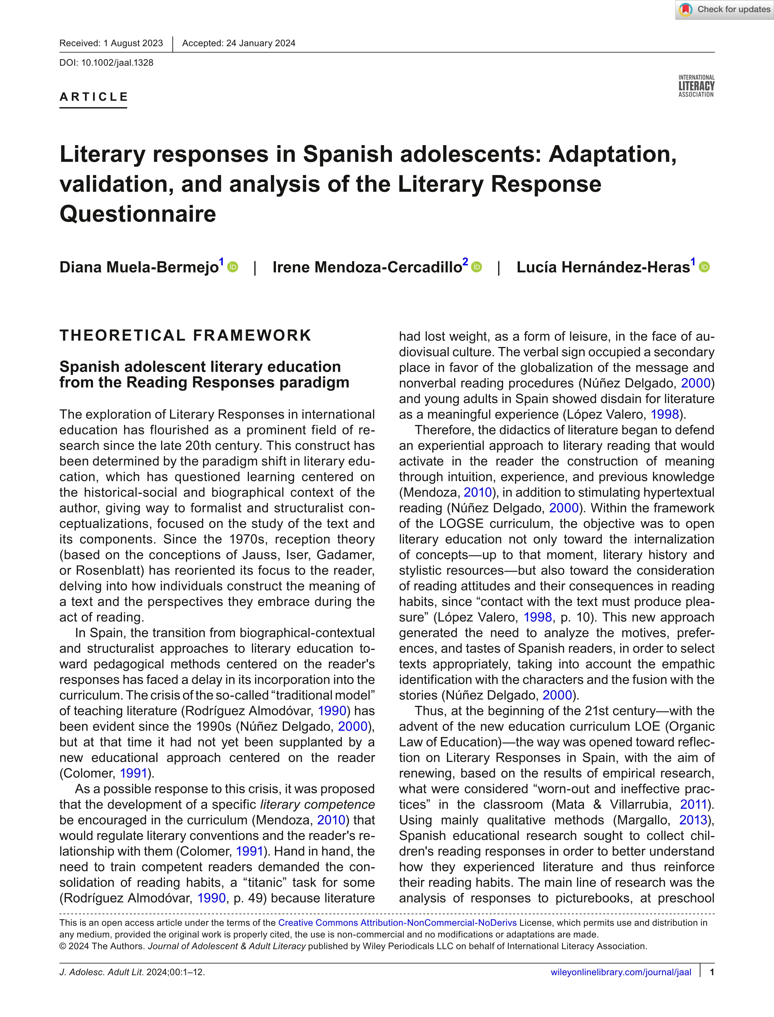 Literary responses in Spanish adolescents: Adaptation, validation, and analysis of the Literary Response Questionnaire