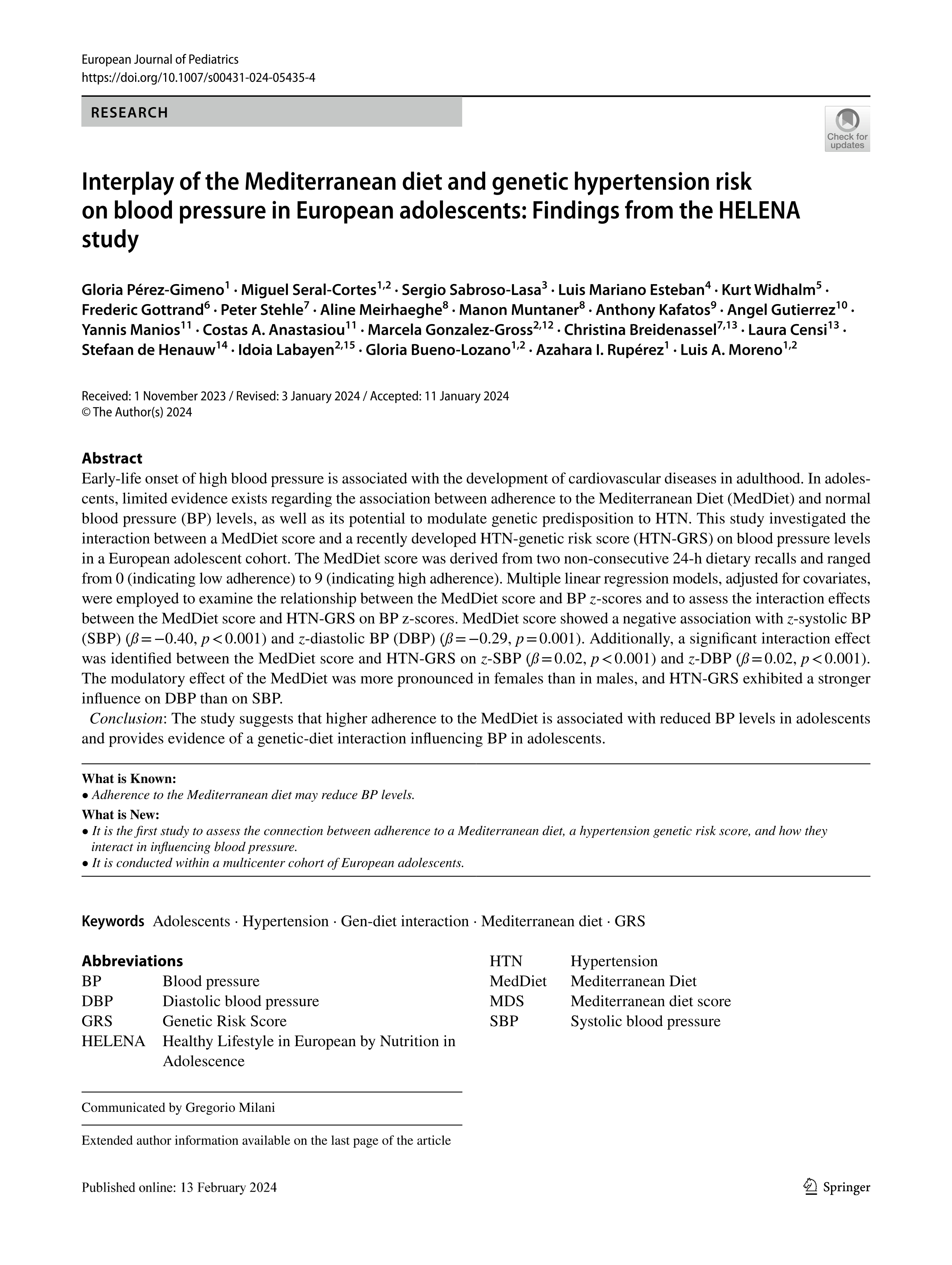 Interplay of the Mediterranean diet and genetic hypertension risk on blood pressure in European adolescents: Findings from the HELENA study