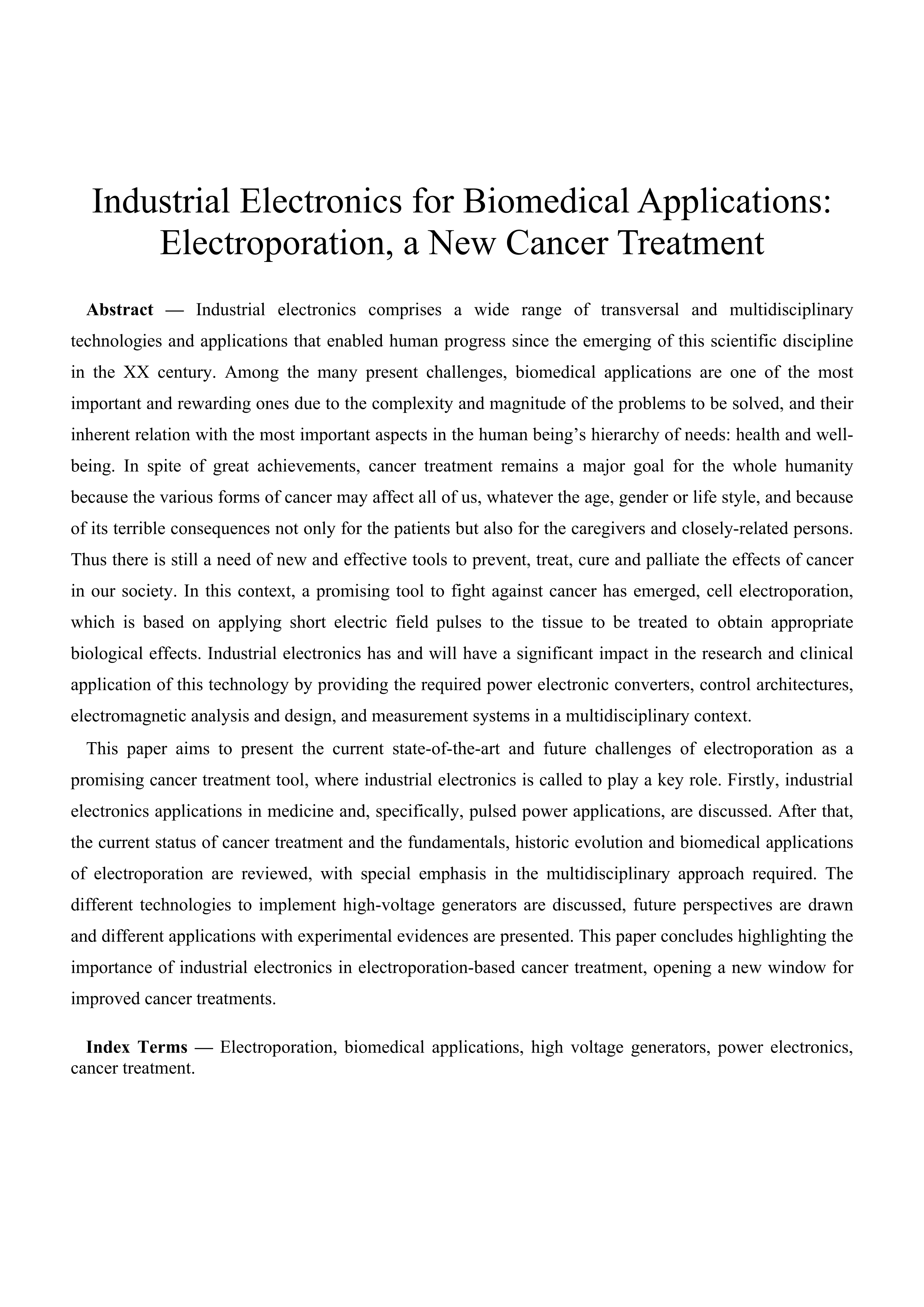 Industrial Electronics for Biomedicine: A New Cancer Treatment Using Electroporation