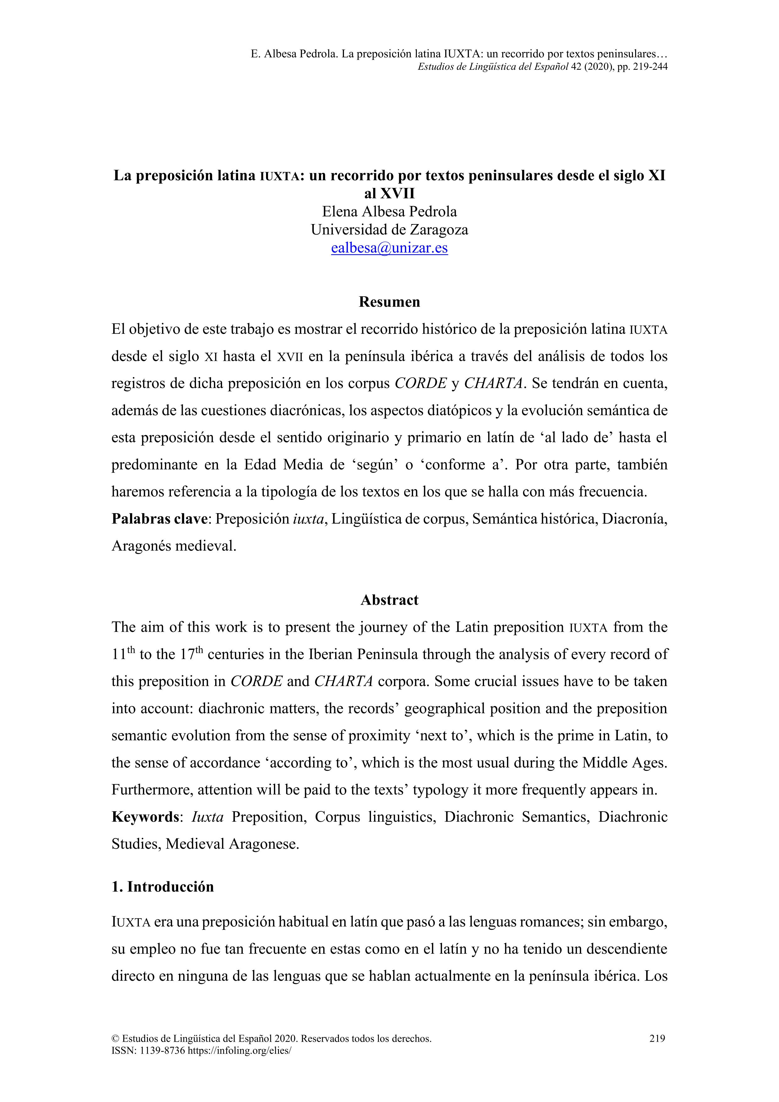 La preposición latina IUXTA: un recorrido por textos peninsulares desde el siglo XI al XVII