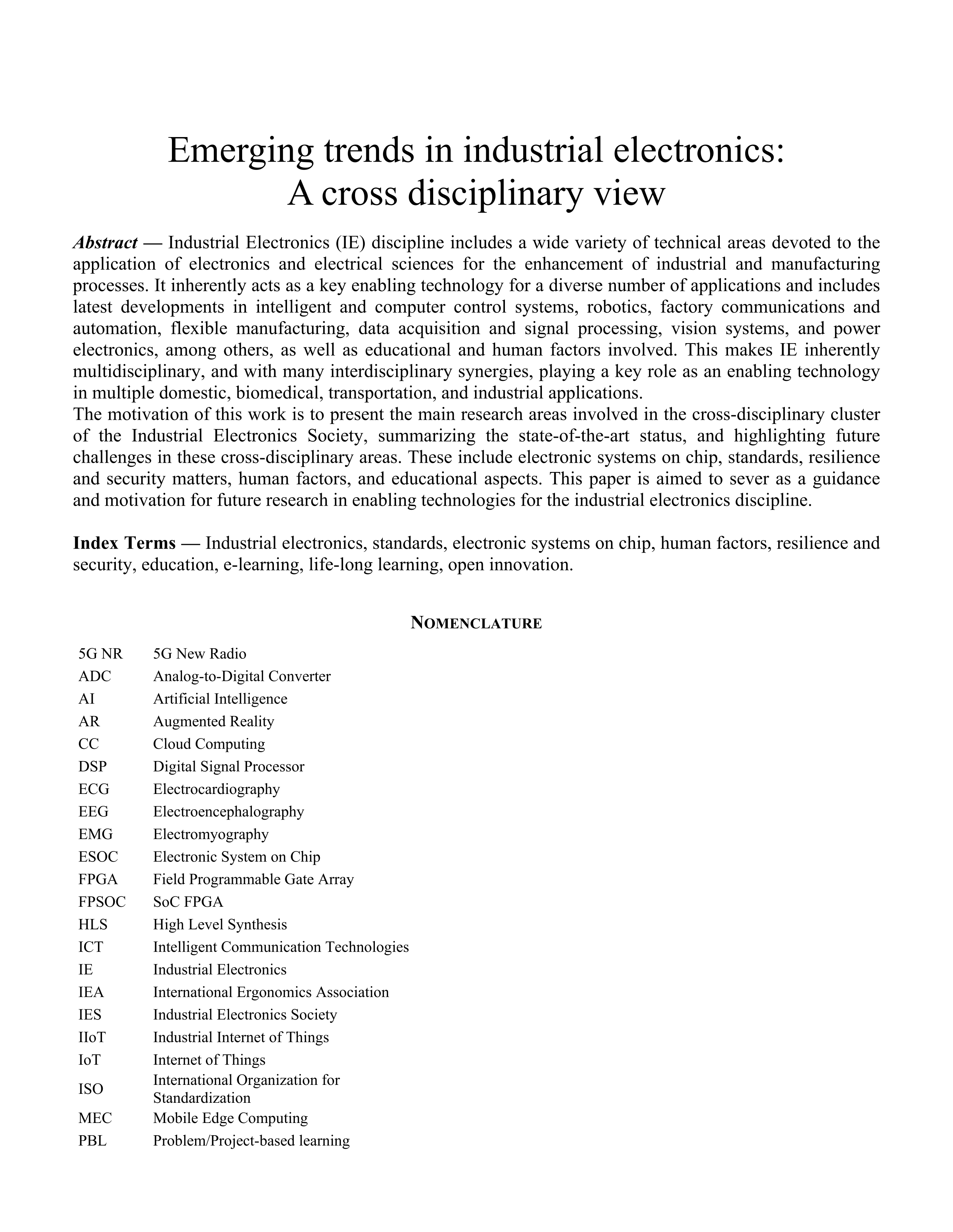 Emerging Trends in Industrial Electronics: A Cross-Disciplinary View