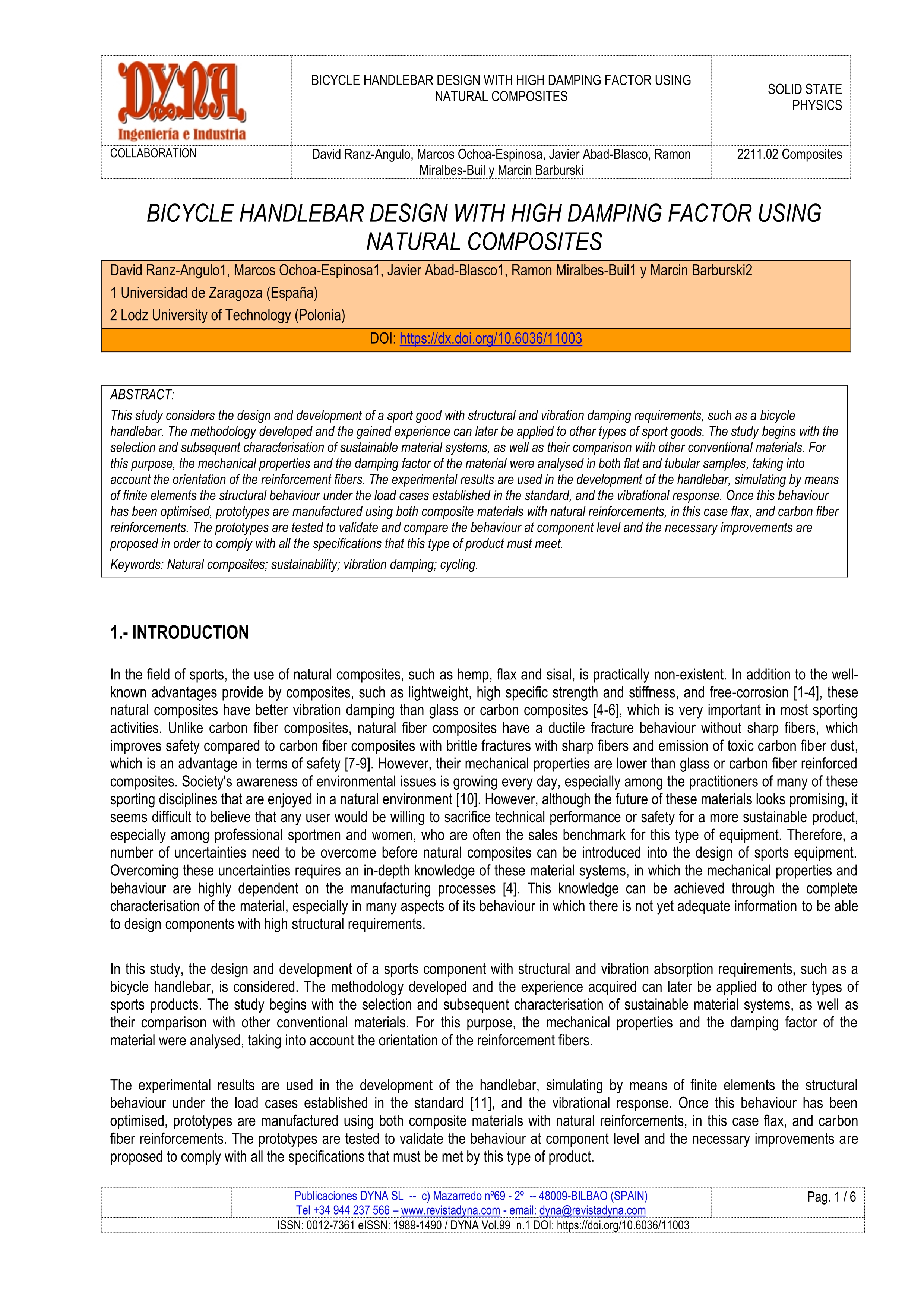 Bicycle handlebar design with high damping factor using natural composites