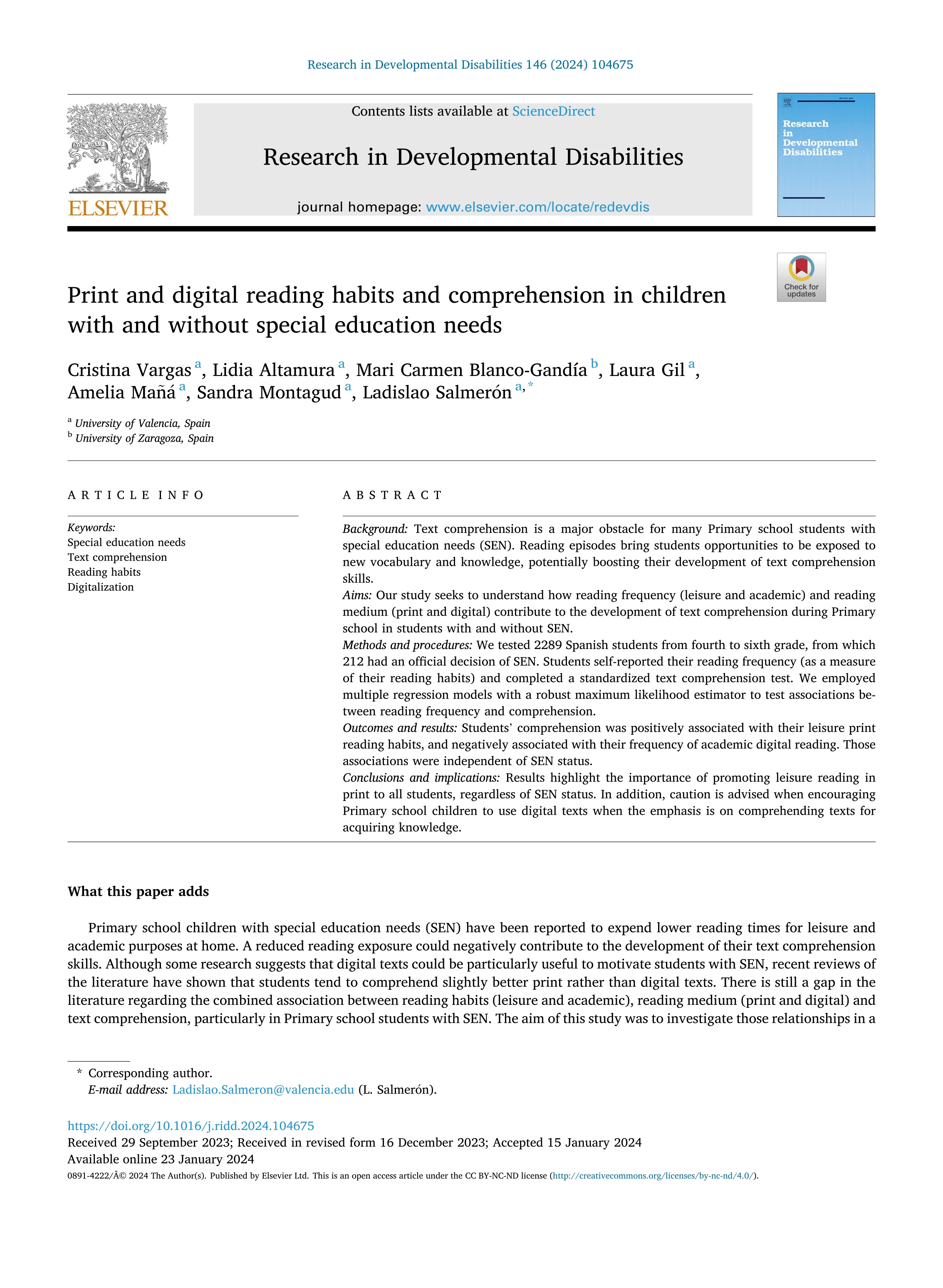 Print and digital reading habits and comprehension in children with and without special education needs