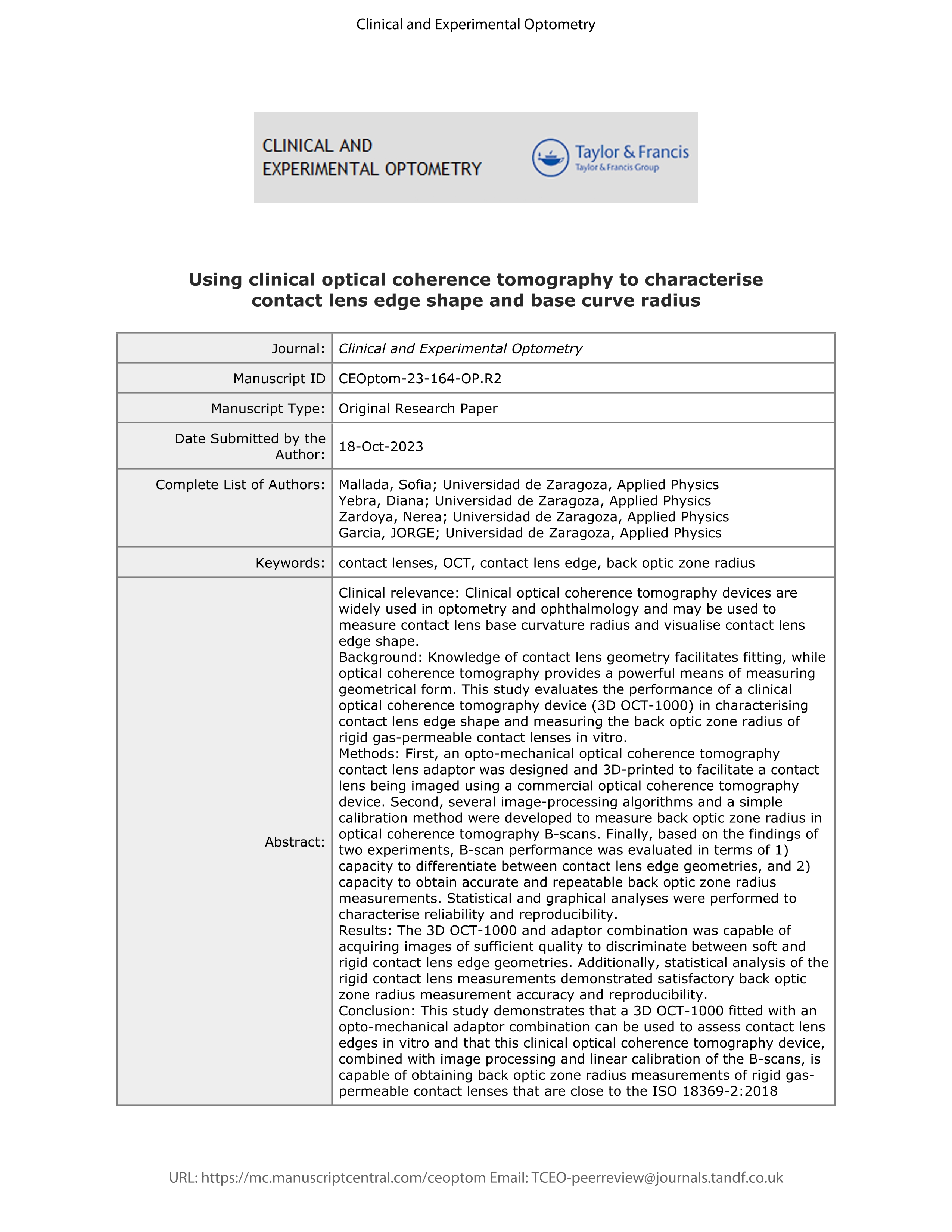 Using clinical optical coherence tomography to characterise contact lens edge shape and base curve radius