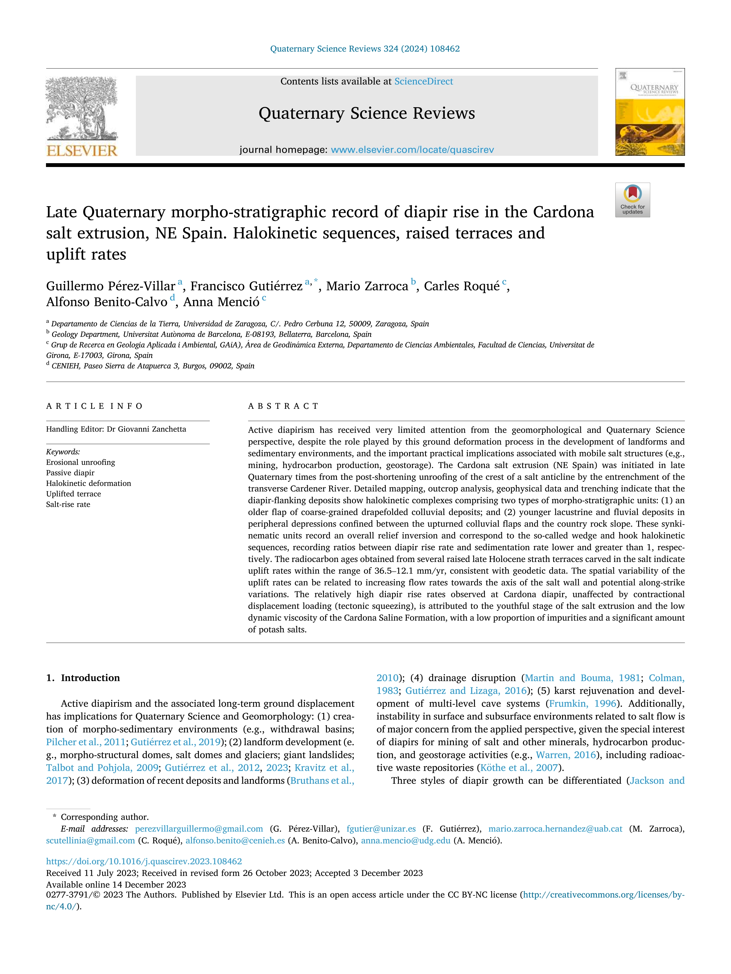 Late Quaternary morpho-stratigraphic record of diapir rise in the Cardona salt extrusion, NE Spain. Halokinetic sequences, raised terraces and uplift rates