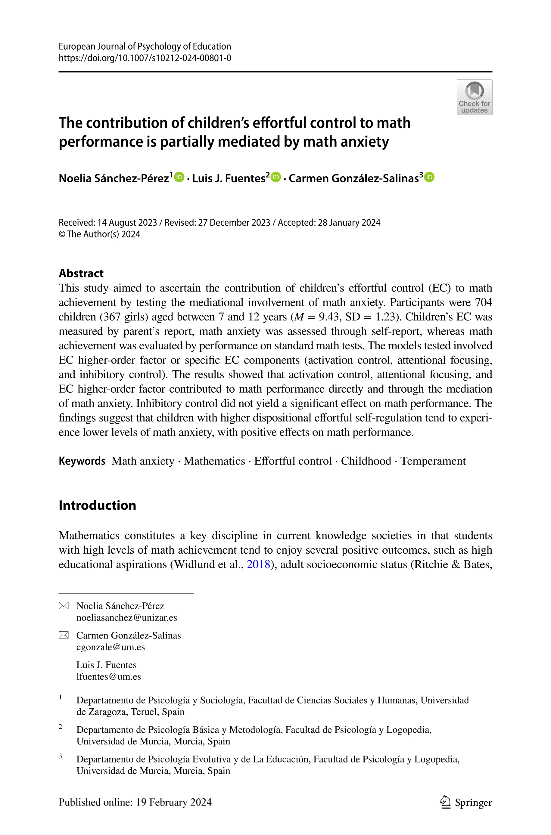 The contribution of children’s effortful control to math performance is partially mediated by math anxiety