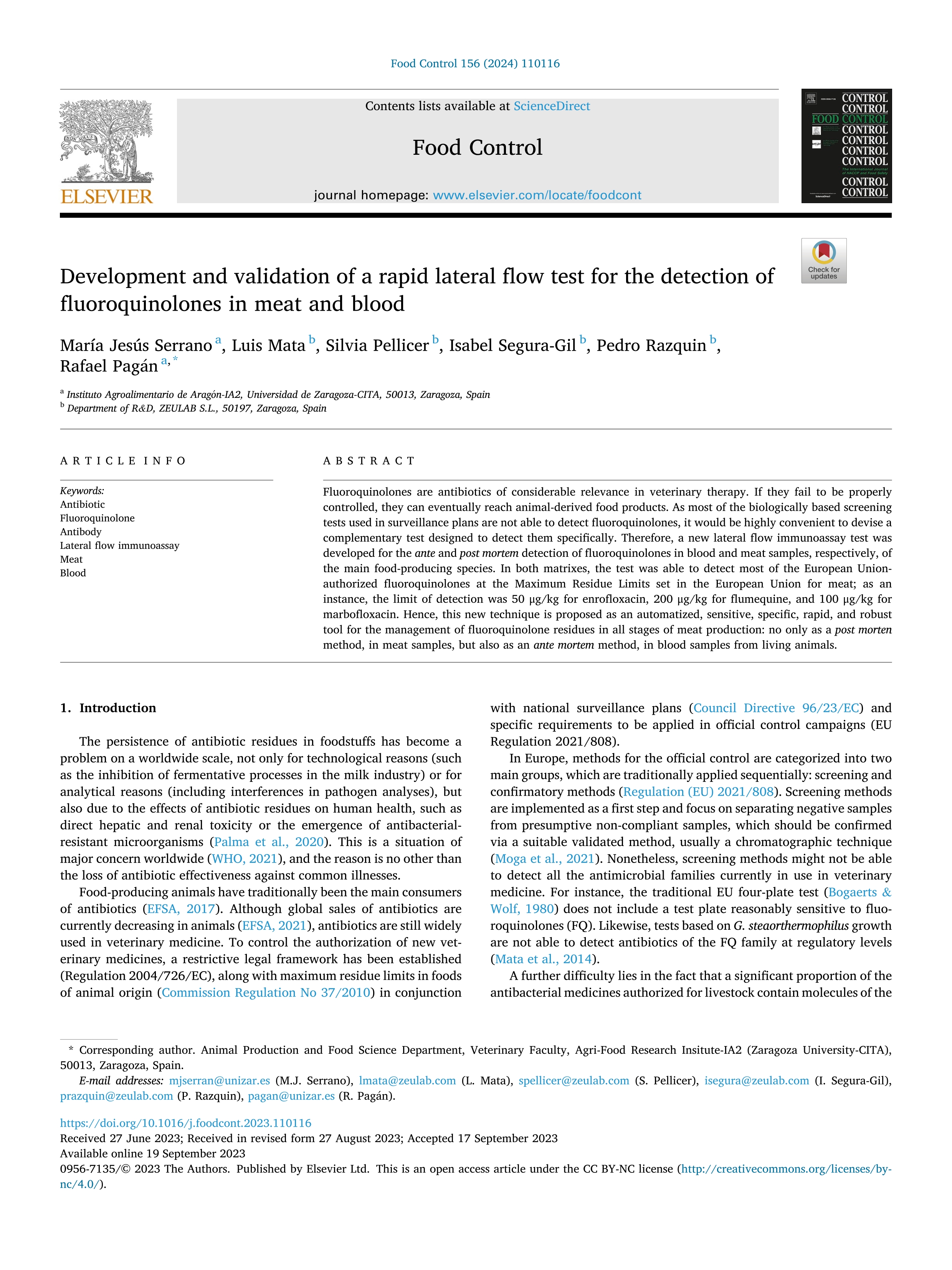 Development and validation of a rapid lateral flow test for the detection of fluoroquinolones in meat and blood