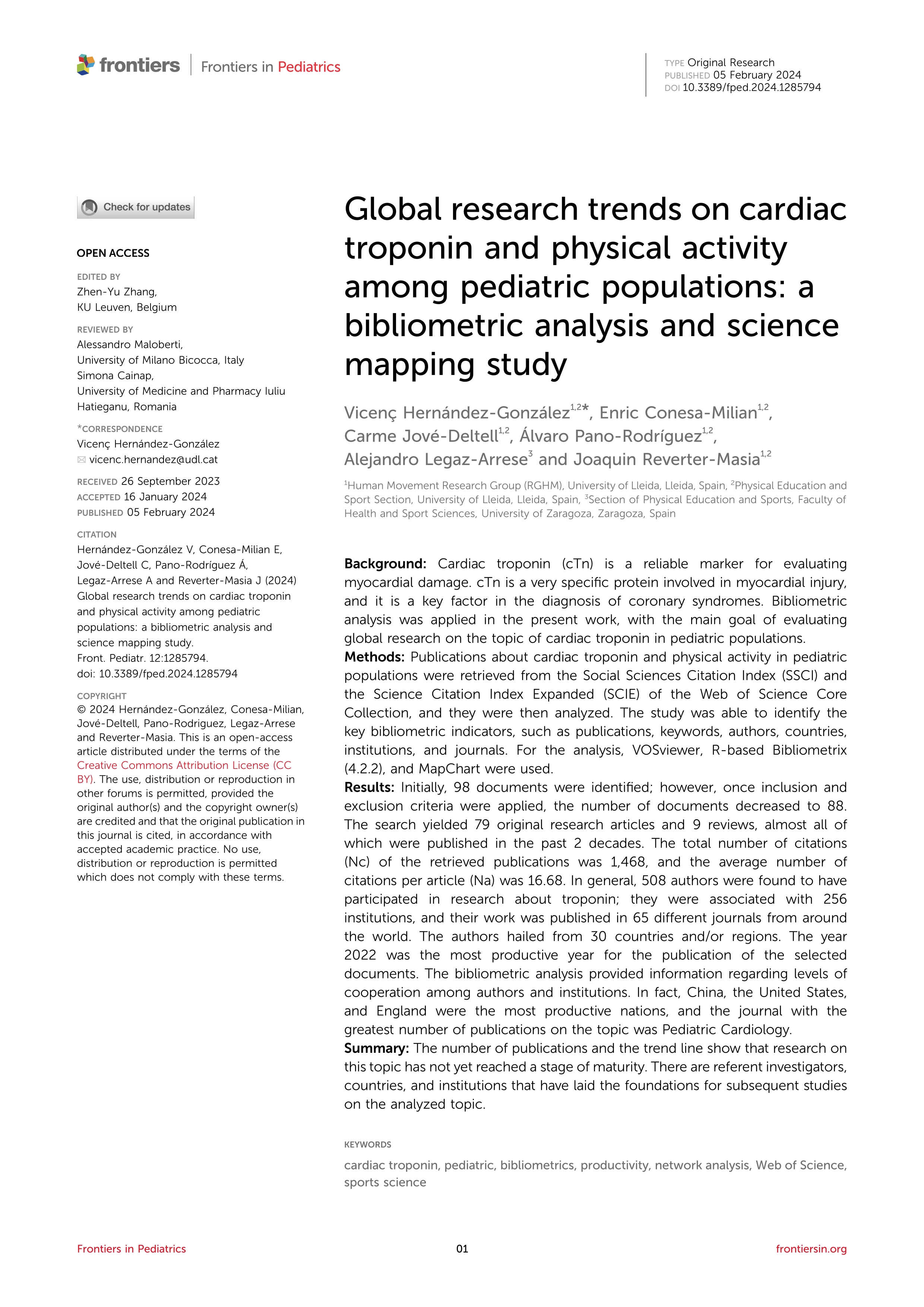 Global research trends on cardiac troponin and physical activity among pediatric populations: a bibliometric analysis and science mapping study