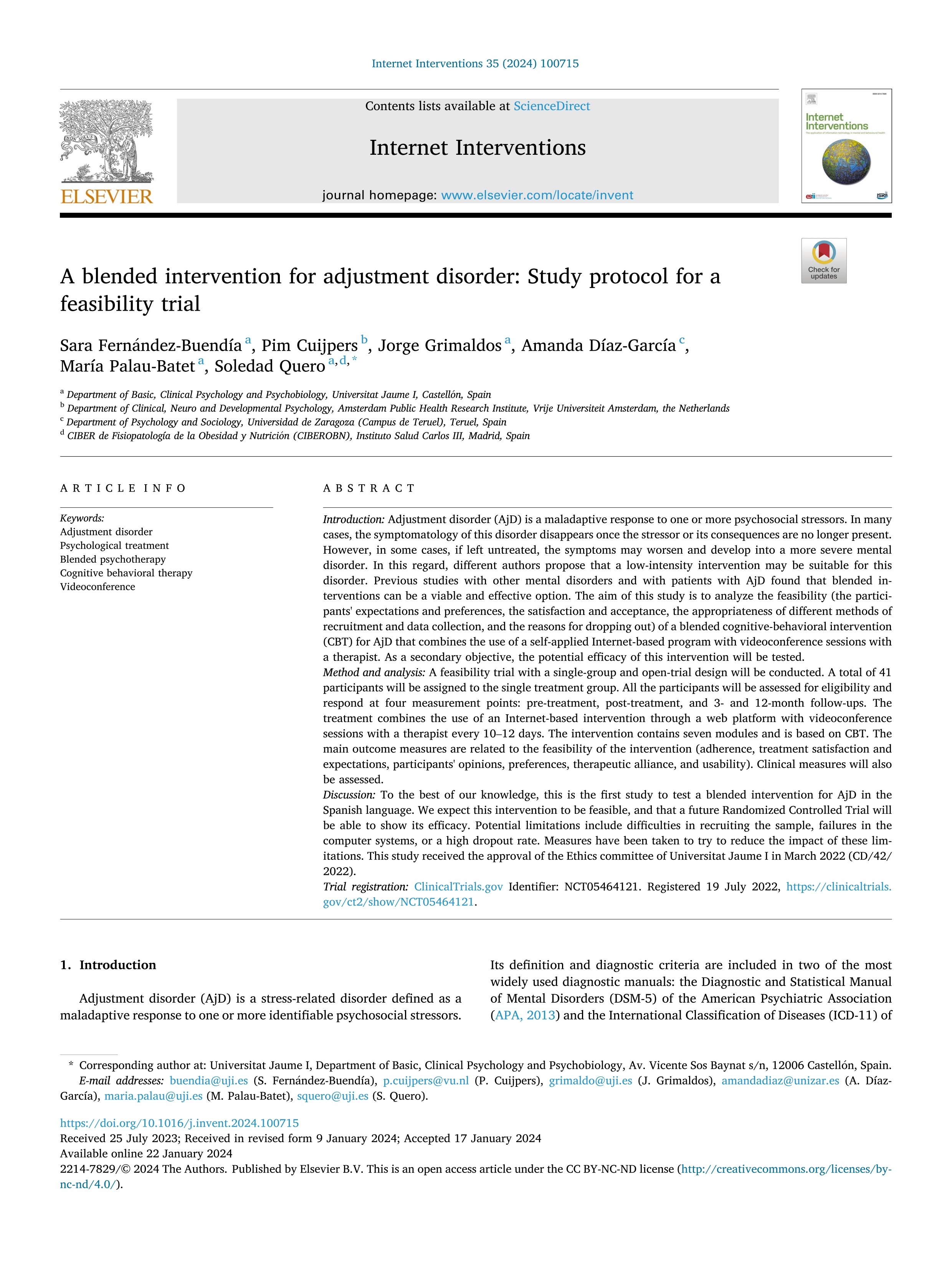 A blended intervention for adjustment disorder: Study protocol for a feasibility trial