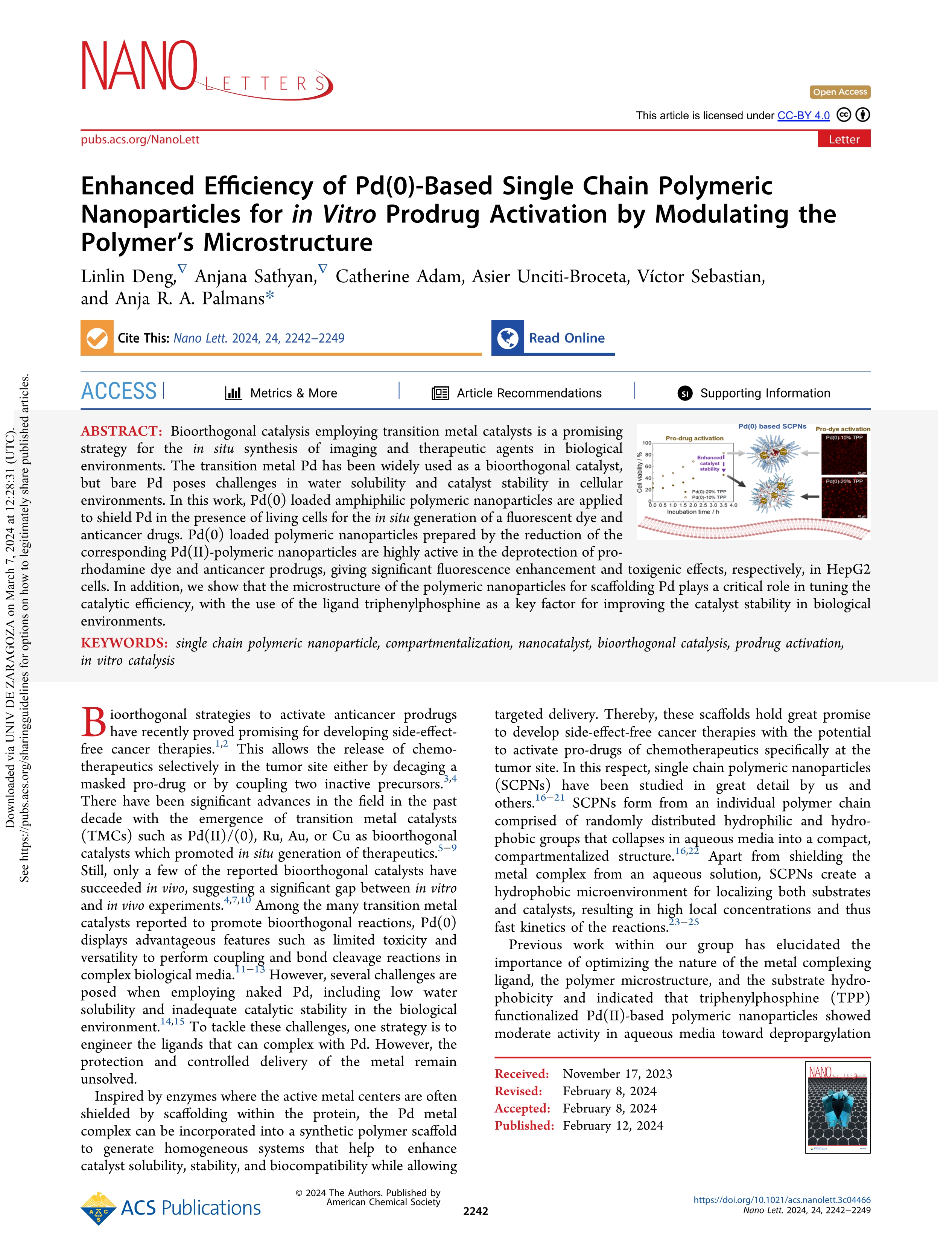 Enhanced Efficiency of Pd(0)-Based Single Chain Polymeric Nanoparticles for <i>in Vitro</i> Prodrug Activation by Modulating the Polymer’s Microstructure