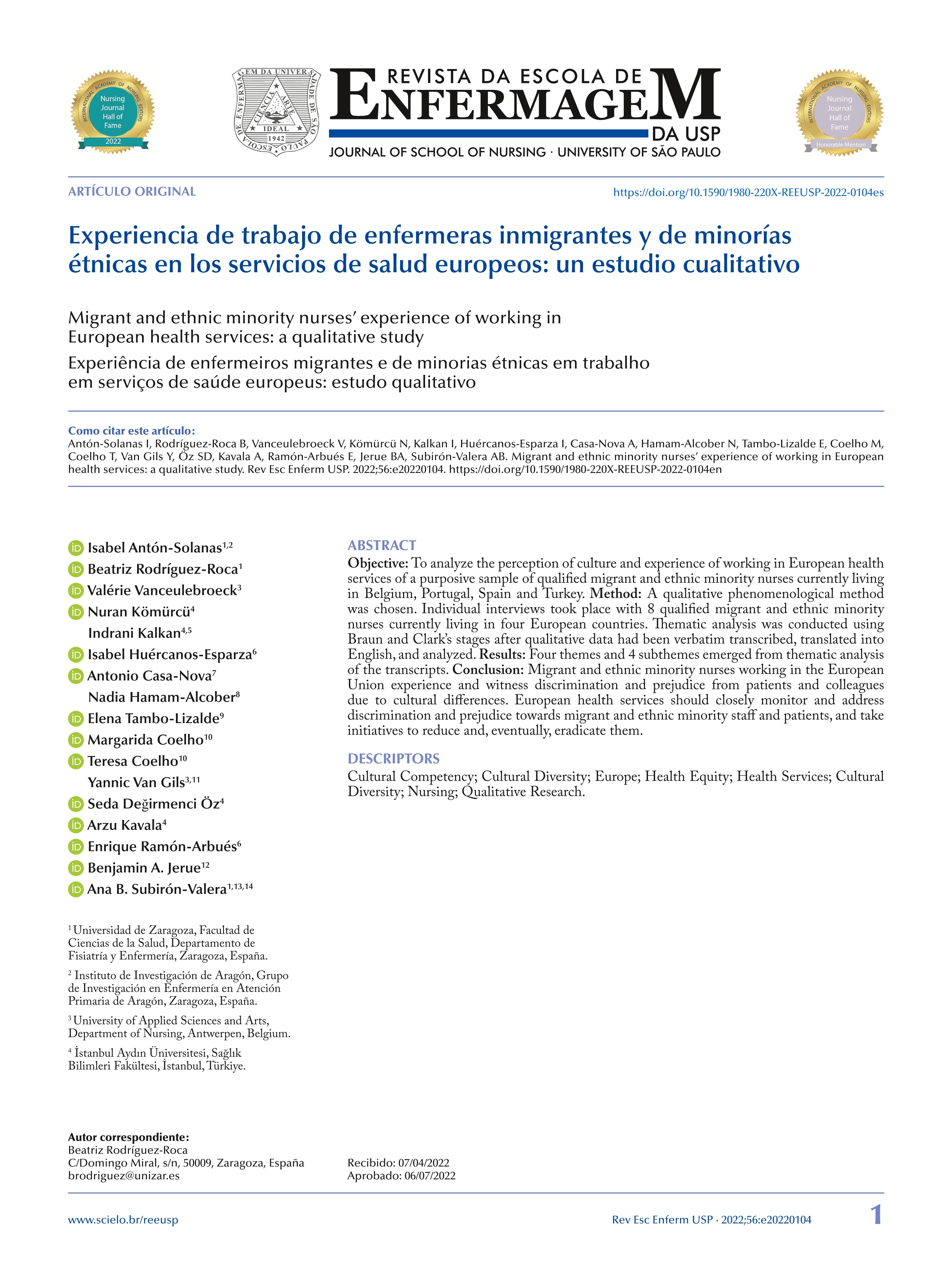 Experiencia de trabajo de enfermeras inmigrantes y de minorías étnicas en los servicios de salud europeos: un estudio cualitativo