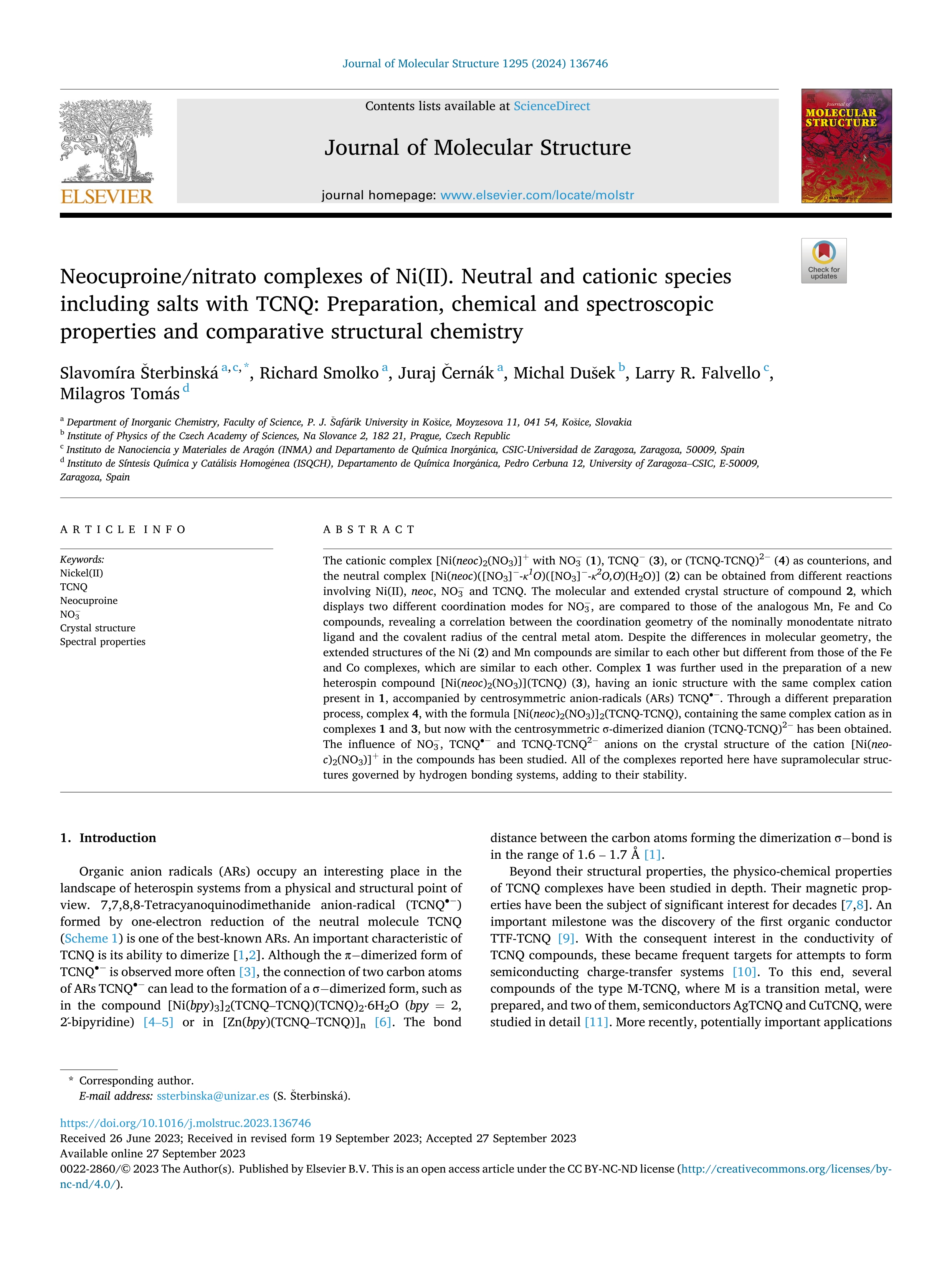Neocuproine/nitrato complexes of Ni(II). Neutral and cationic species including salts with TCNQ: Preparation, chemical and spectroscopic properties and comparative structural chemistry