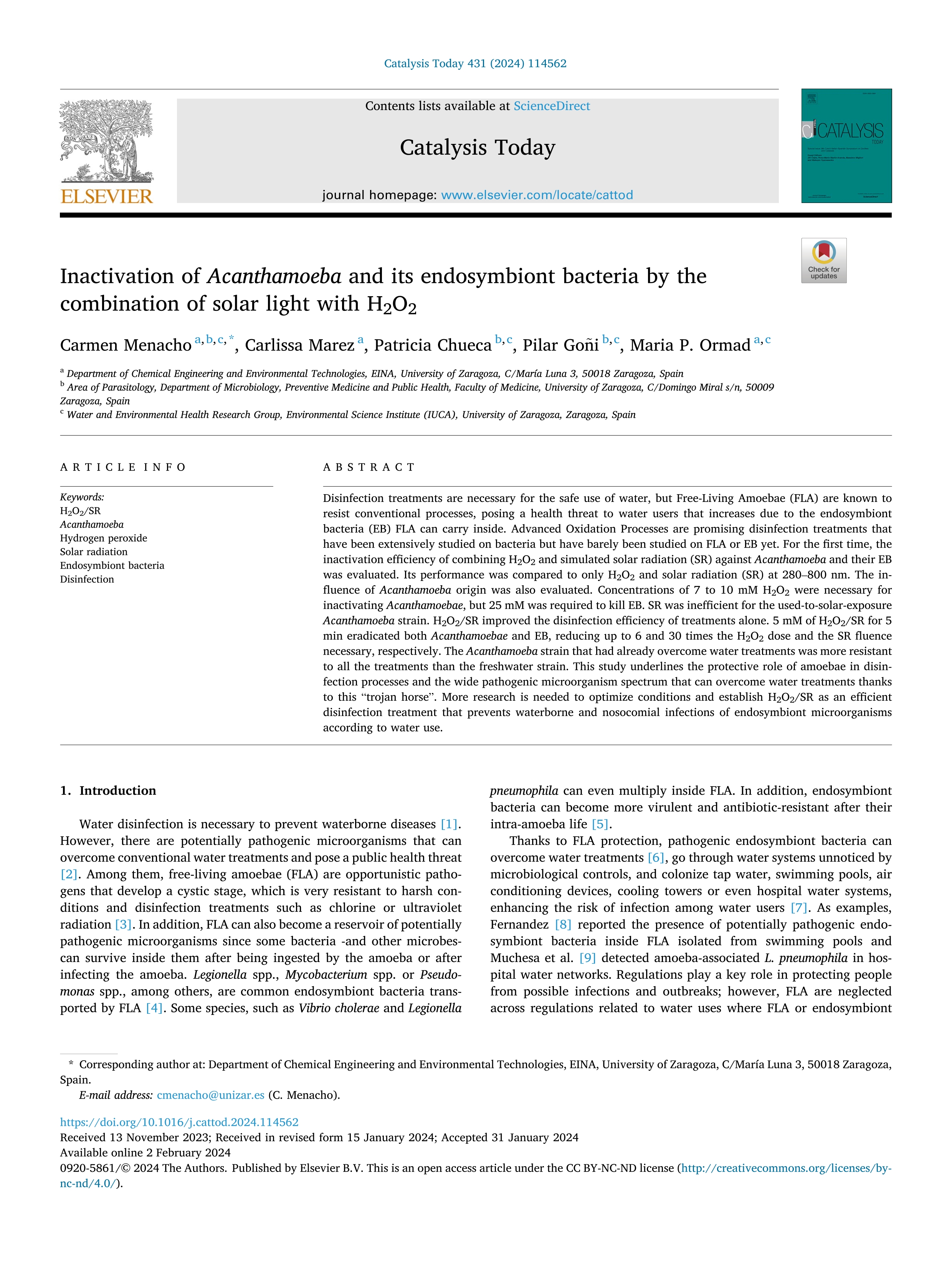 Inactivation of Acanthamoeba and its endosymbiont bacteria by the combination of solar light with H2O2