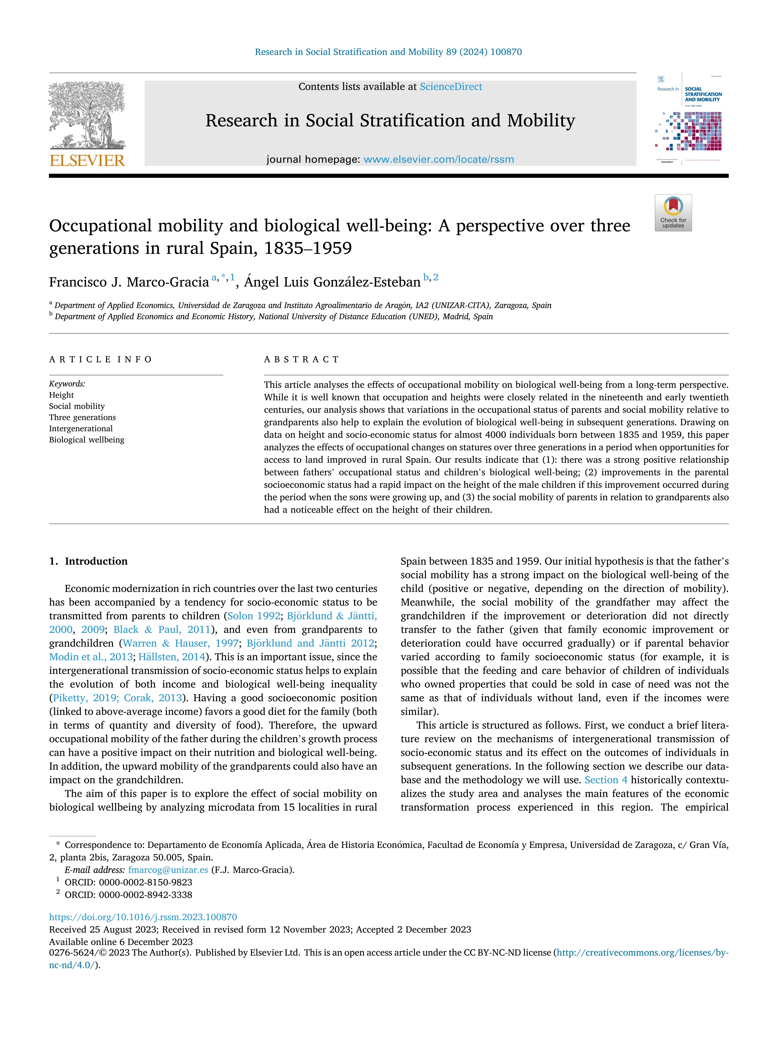 Occupational mobility and biological well-being: A perspective over three generations in rural Spain, 1835–1959