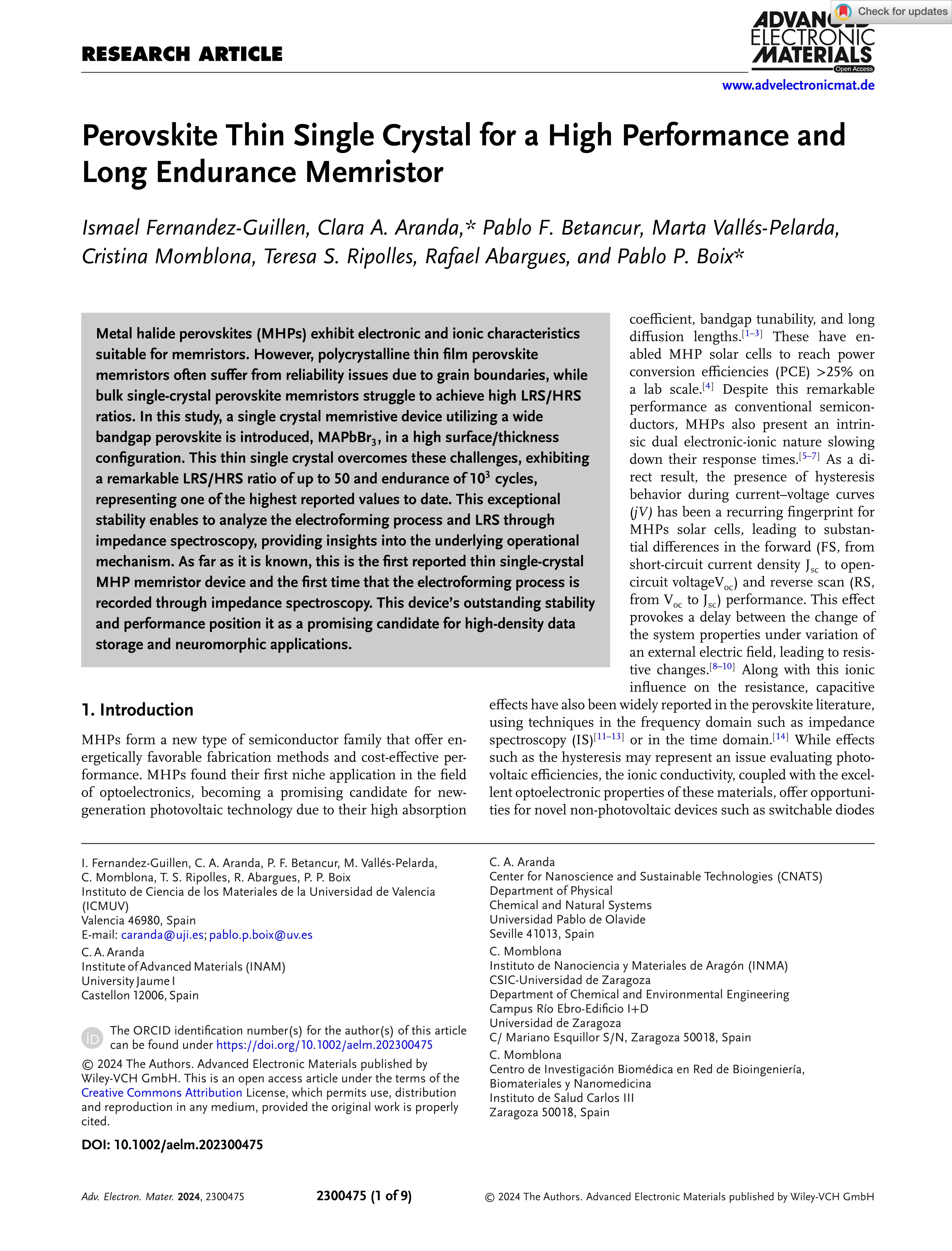 Perovskite thin single crystal for a high performance and long endurance memristor