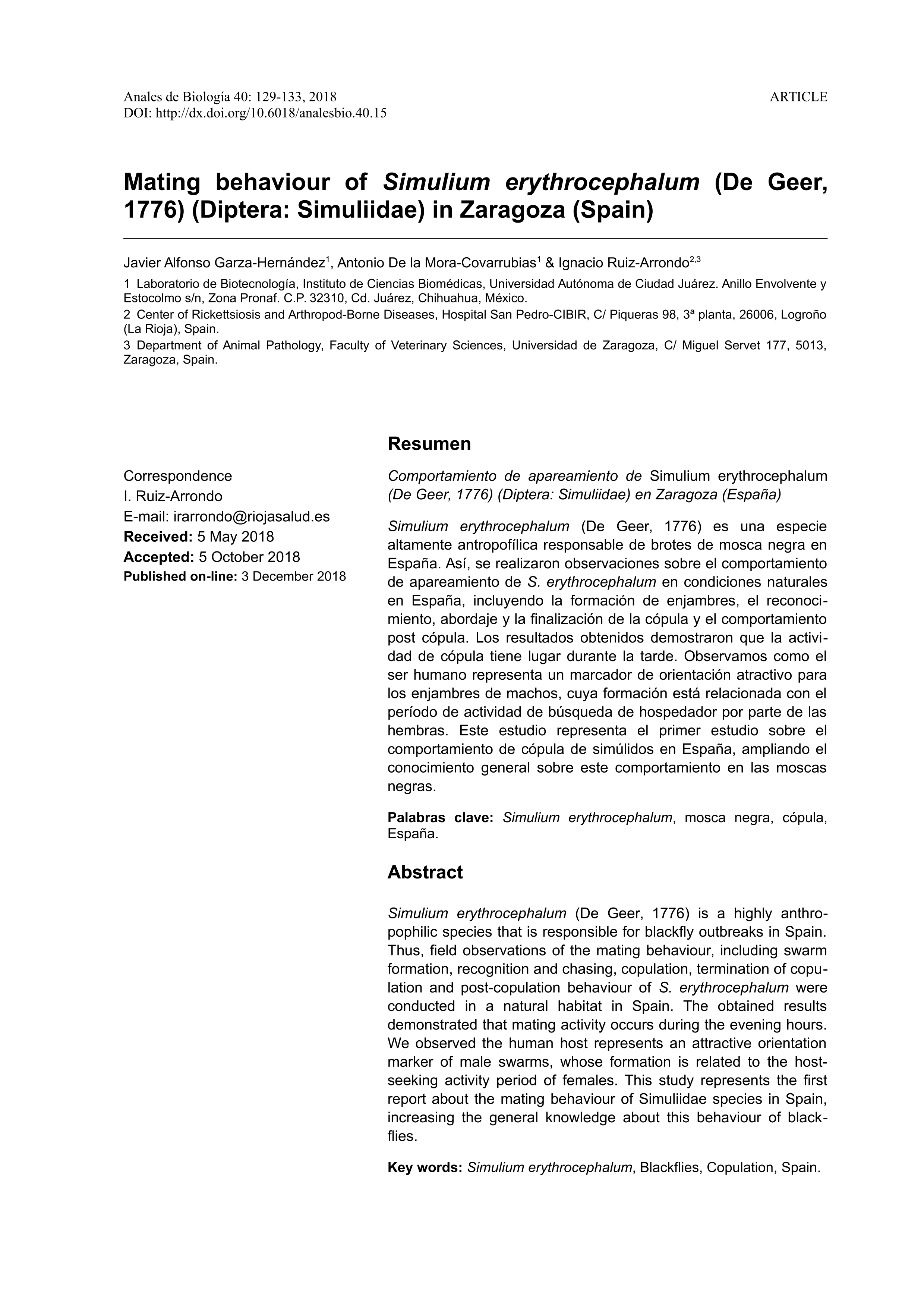 Mating behaviour of Simulium erythrocephalum (De Geer, 1776) (Diptera: Simuliidae) in Zaragoza (Spain)