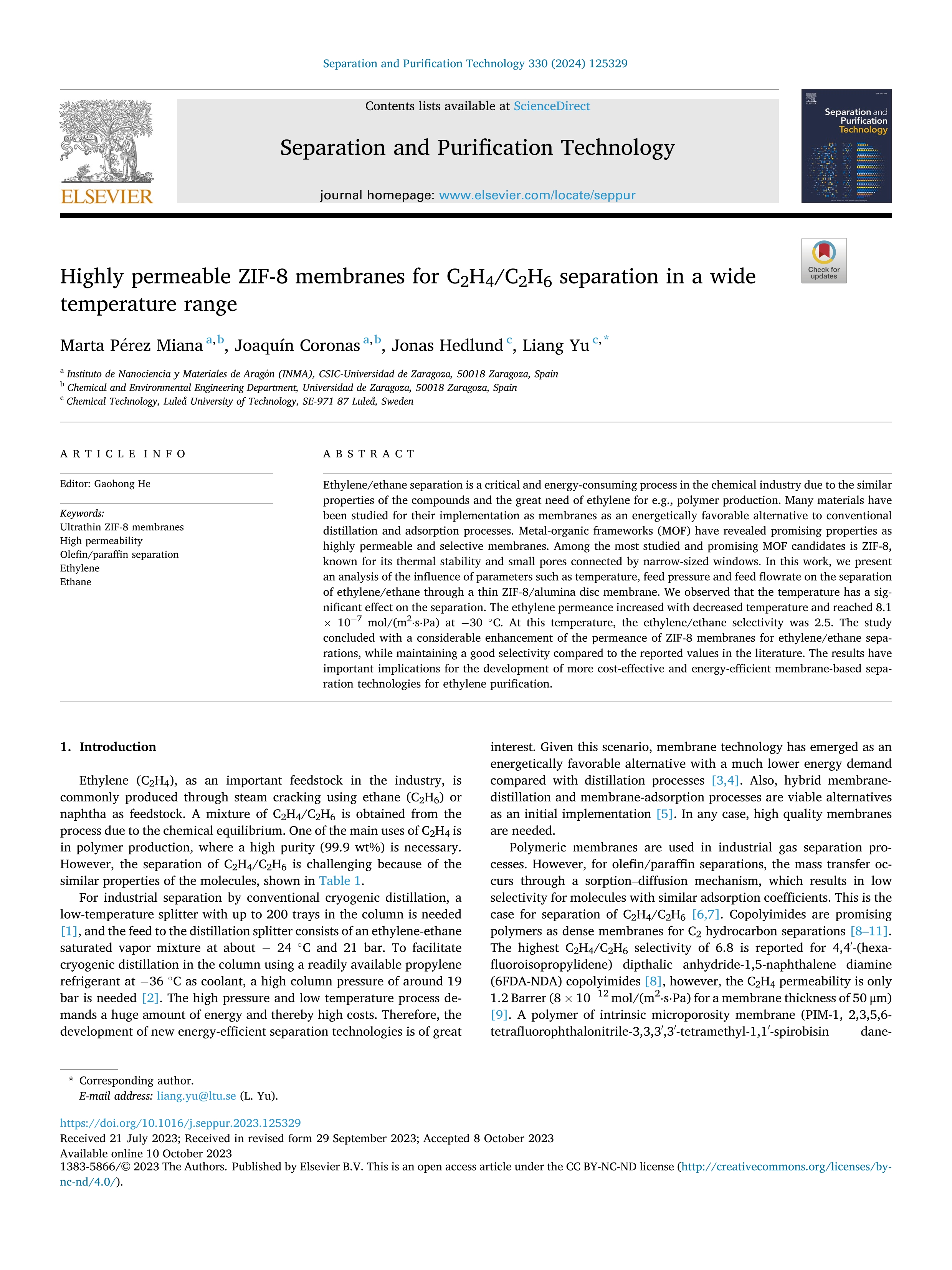 Highly permeable ZIF-8 membranes for C2H4/C2H6 separation in a wide temperature range