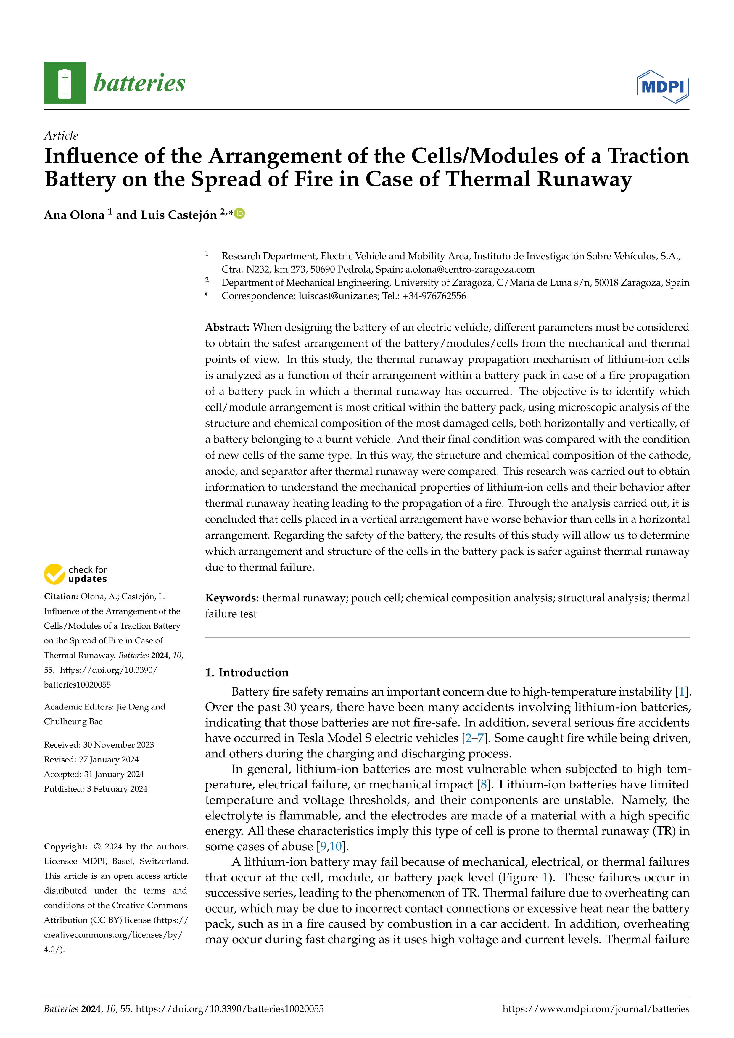 Influence of the Arrangement of the Cells/Modules of a Traction Battery on the Spread of Fire in Case of Thermal Runaway