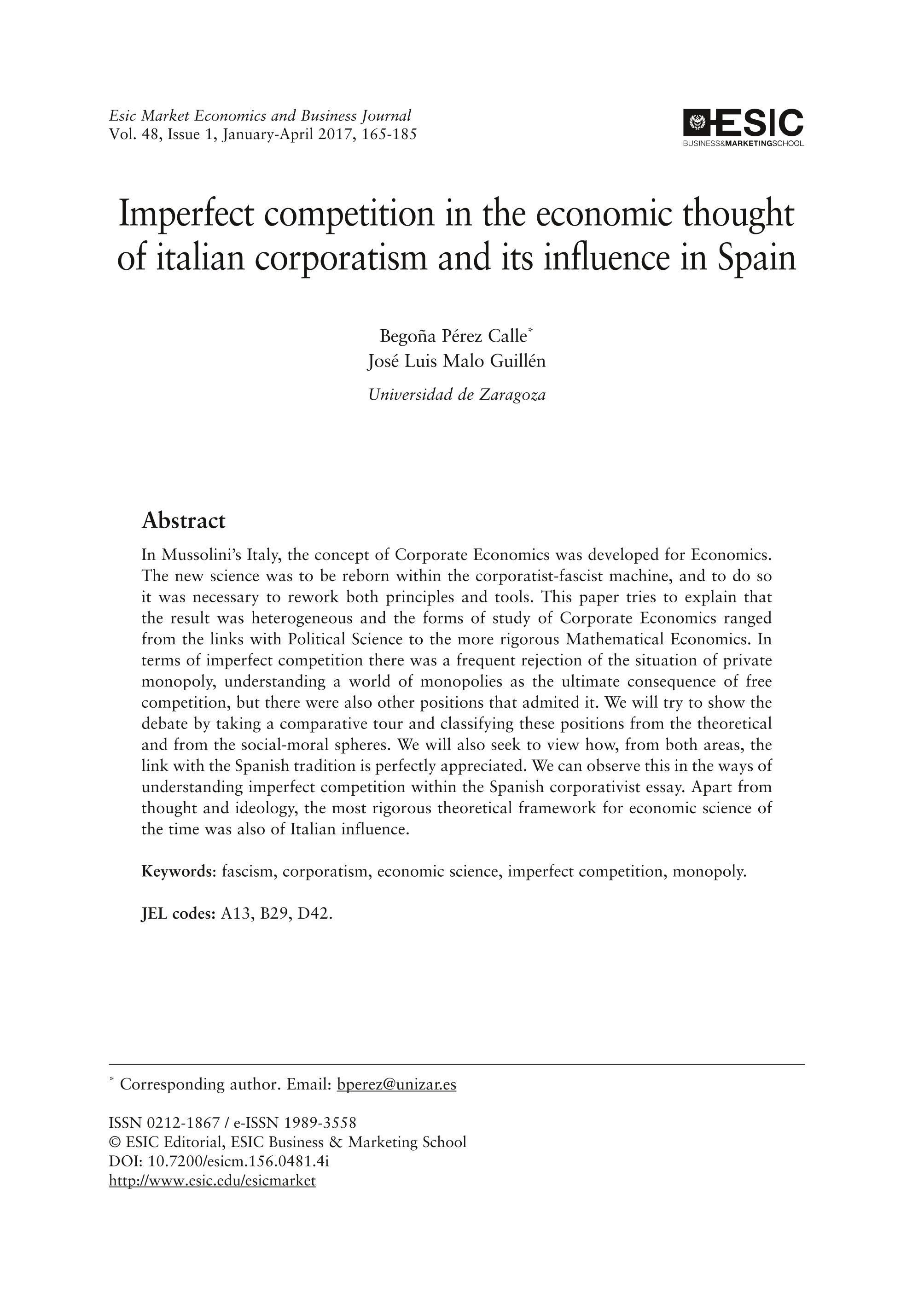 Imperfect competition in the economic thought of italian corporatism and its influence in Spain