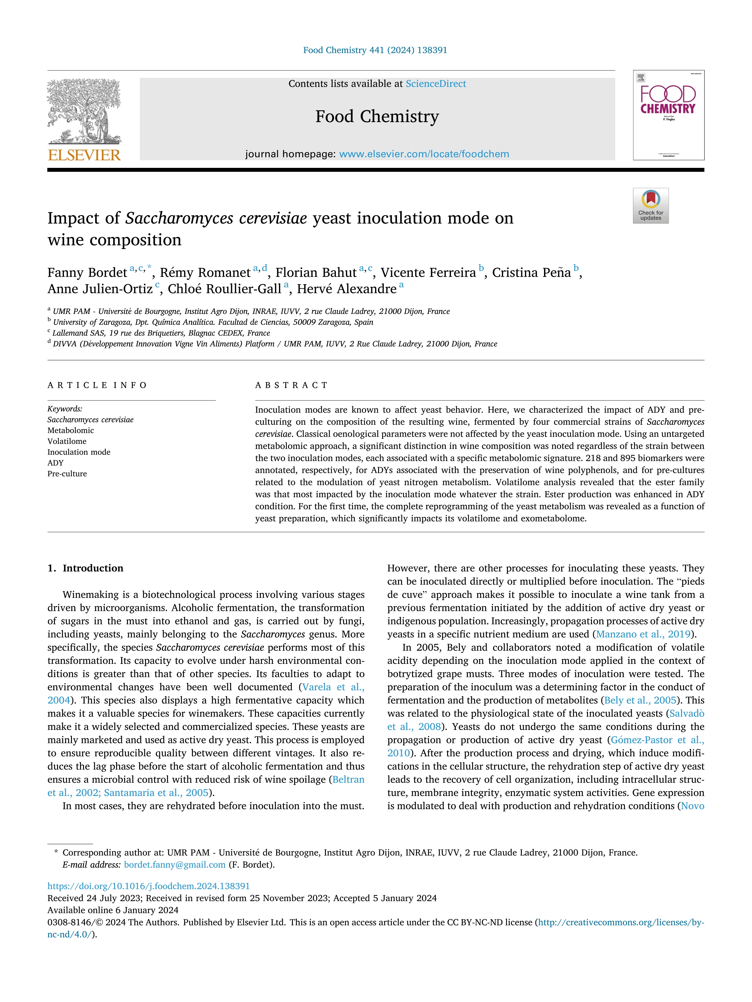 Impact of Saccharomyces cerevisiae yeast inoculation mode on wine composition