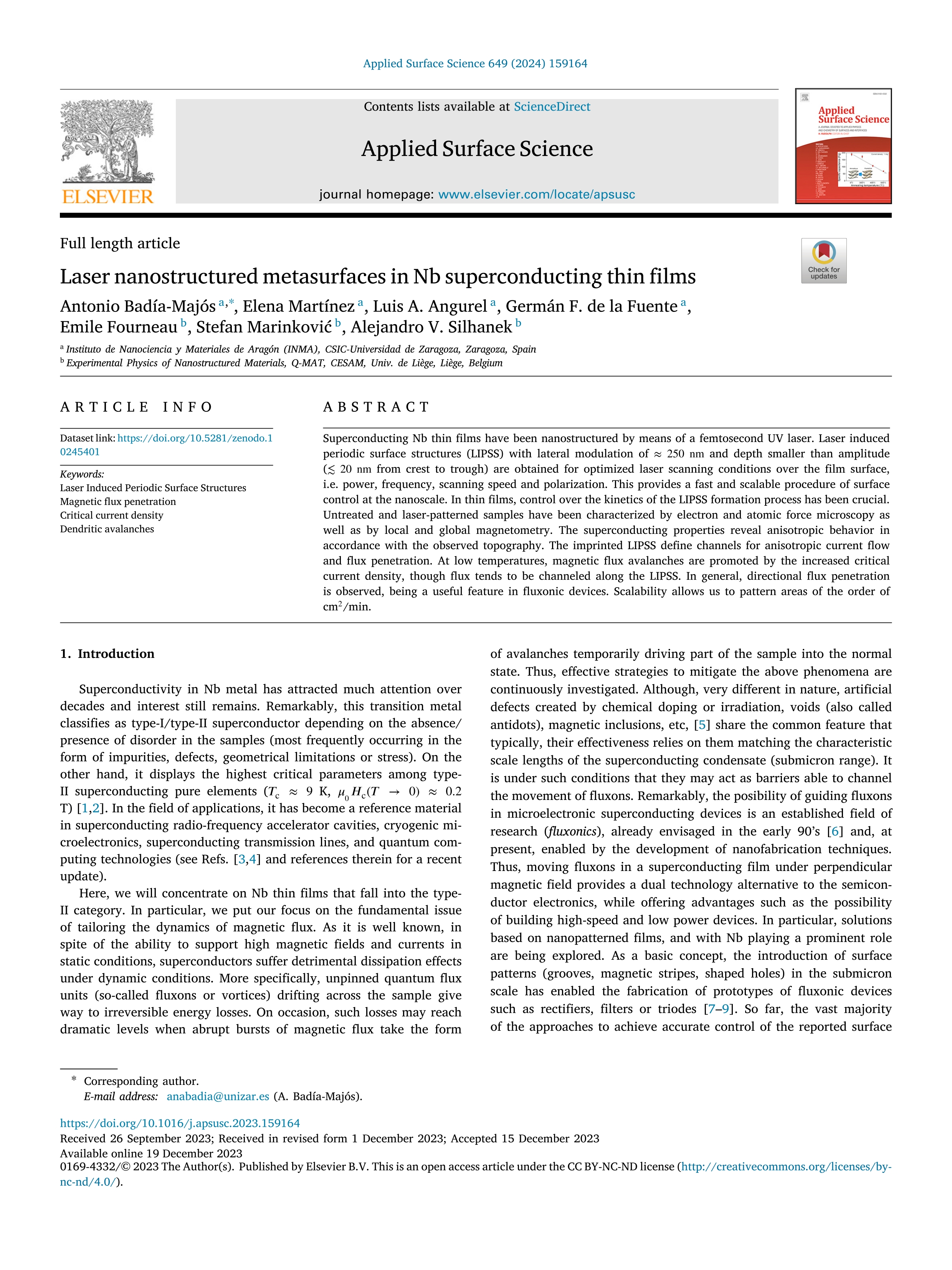 Laser nanostructured metasurfaces in Nb superconducting thin films