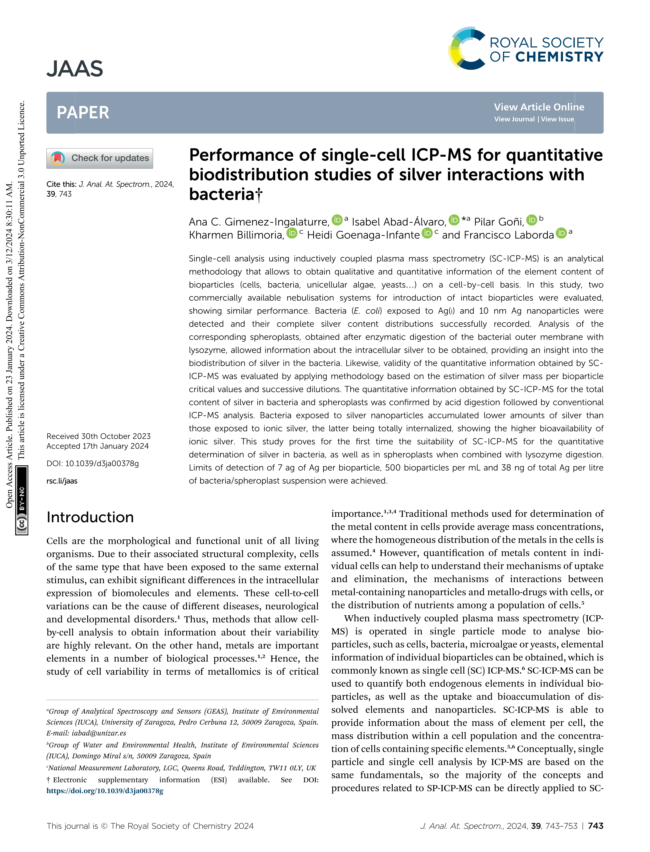 Performance of single-cell ICP-MS for quantitative biodistribution studies of silver interactions with bacteria