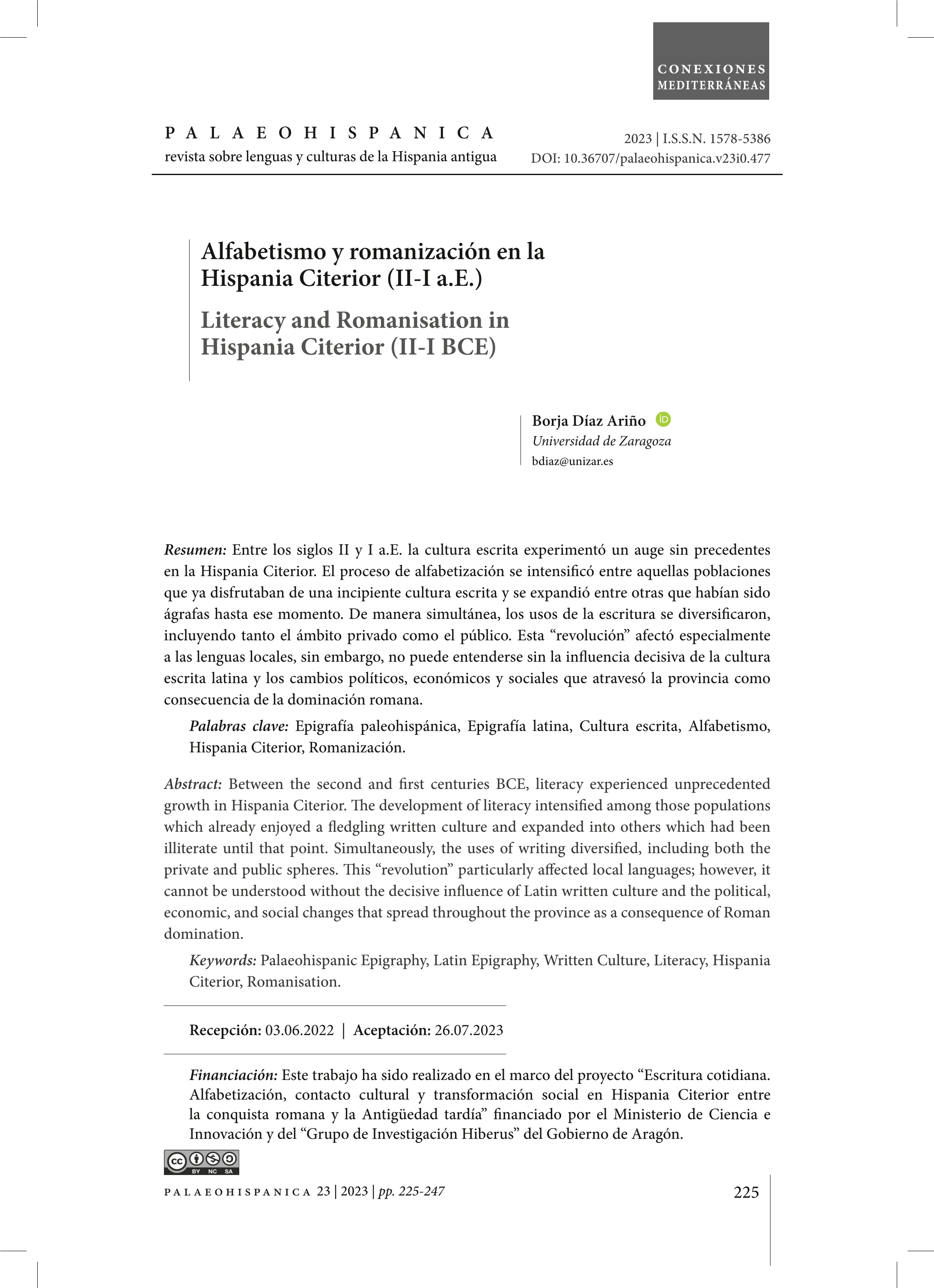 Alfabetismo y romanización en la Hispania Citerior (II-I a.E.) = Literacy and Romanisation in Hispania Citerior (II-I BCE)