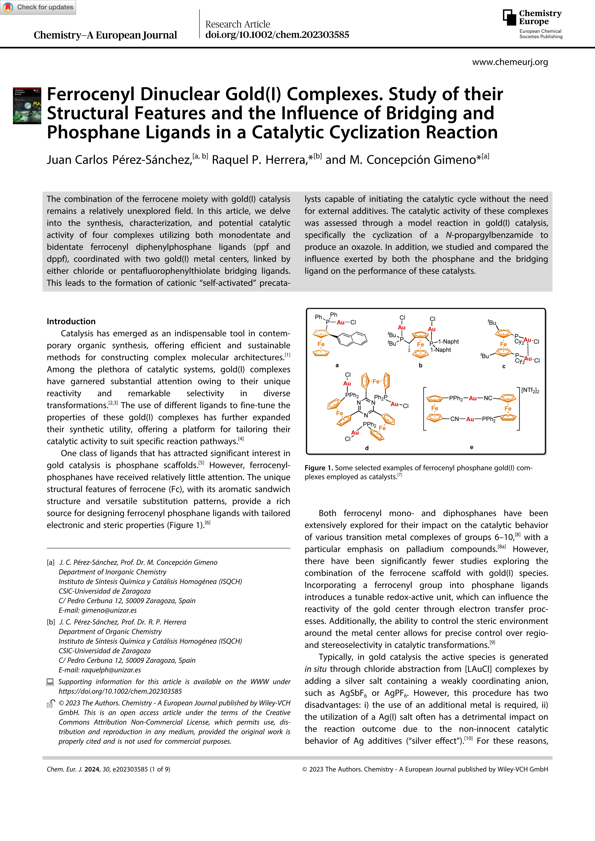 Ferrocenyl Dinuclear Gold(I) Complexes. Study of their Structural Features and the Influence of Bridging and Phosphane Ligands in a Catalytic Cyclization Reaction