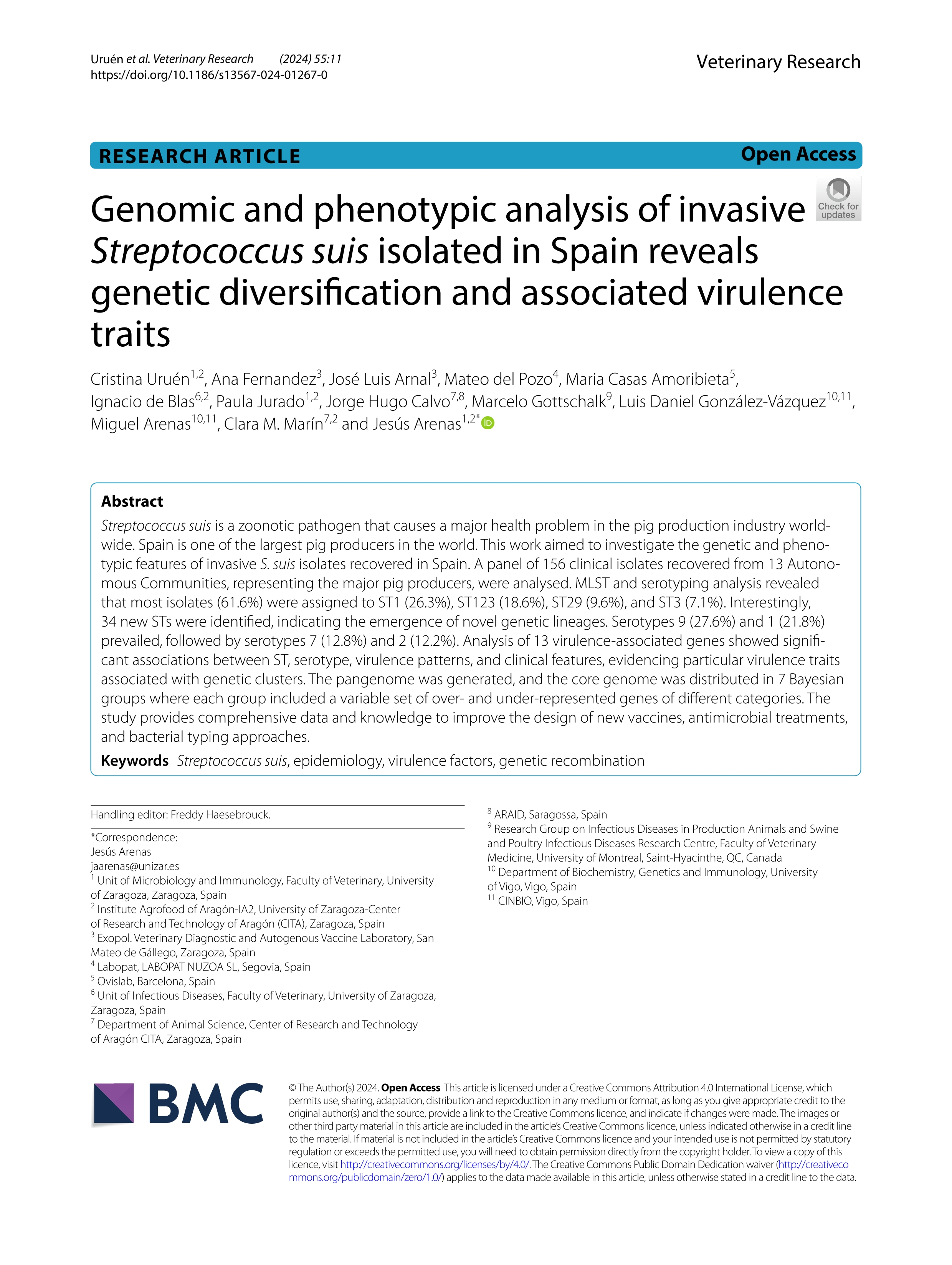 Genomic and phenotypic analysis of invasive Streptococcus suis isolated in Spain reveals genetic diversification and associated virulence traits