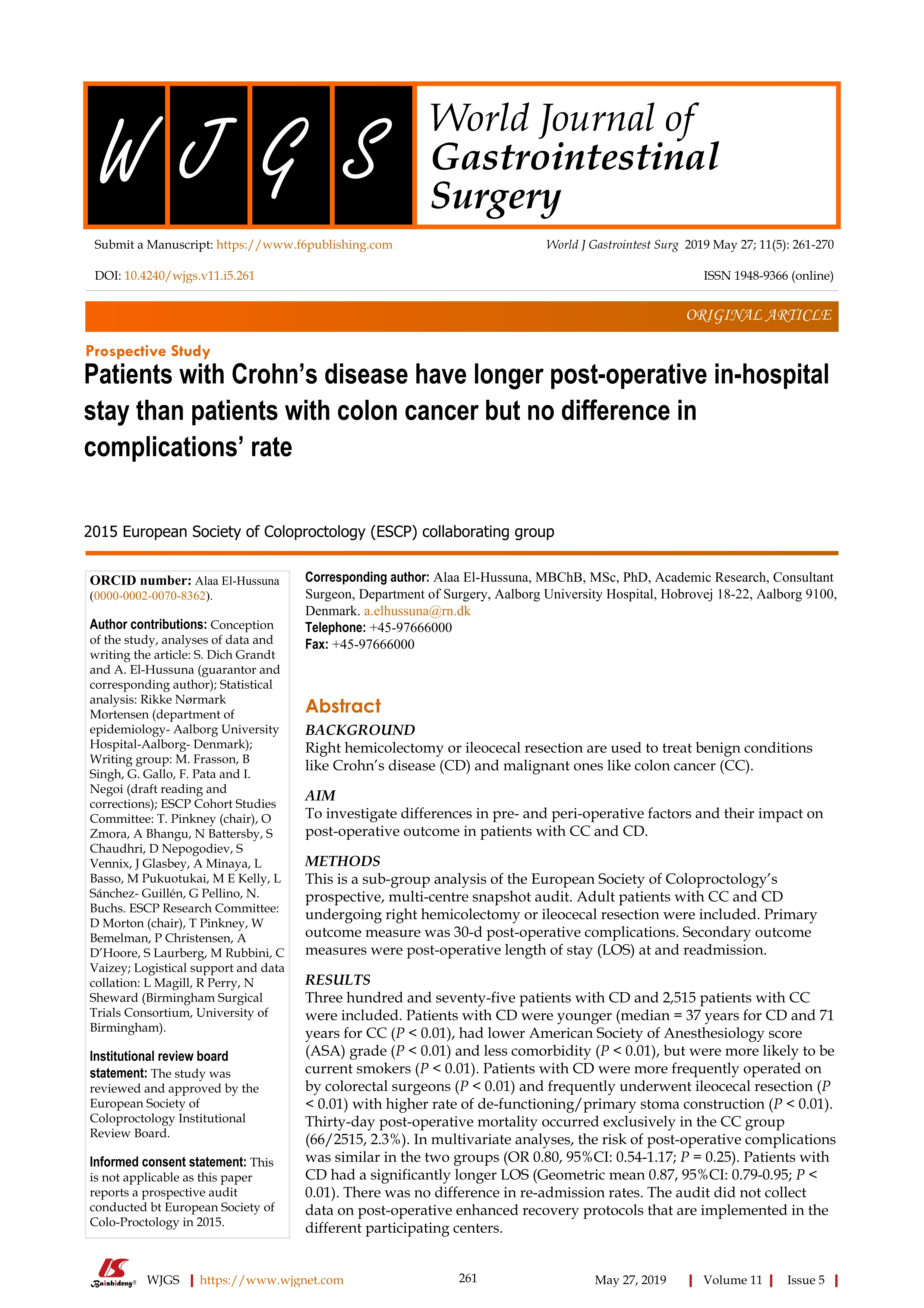 Patients with Crohn’s disease have longer post-operative in-hospital stay than patients with colon cancer but no difference in complications’ rate