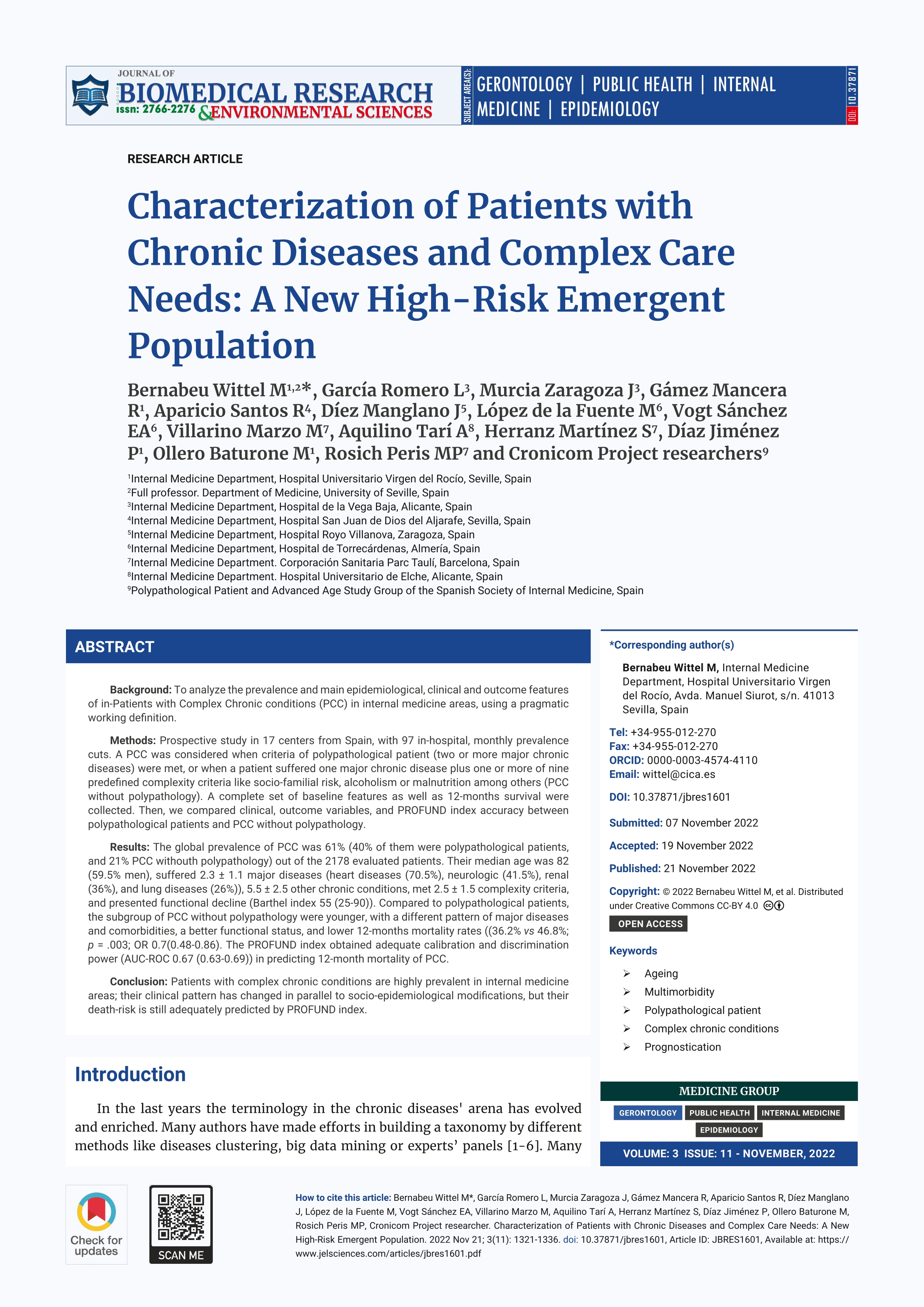 Characterization of Patients with Chronic Diseases and Complex Care Needs: A New High-Risk Emergent Population