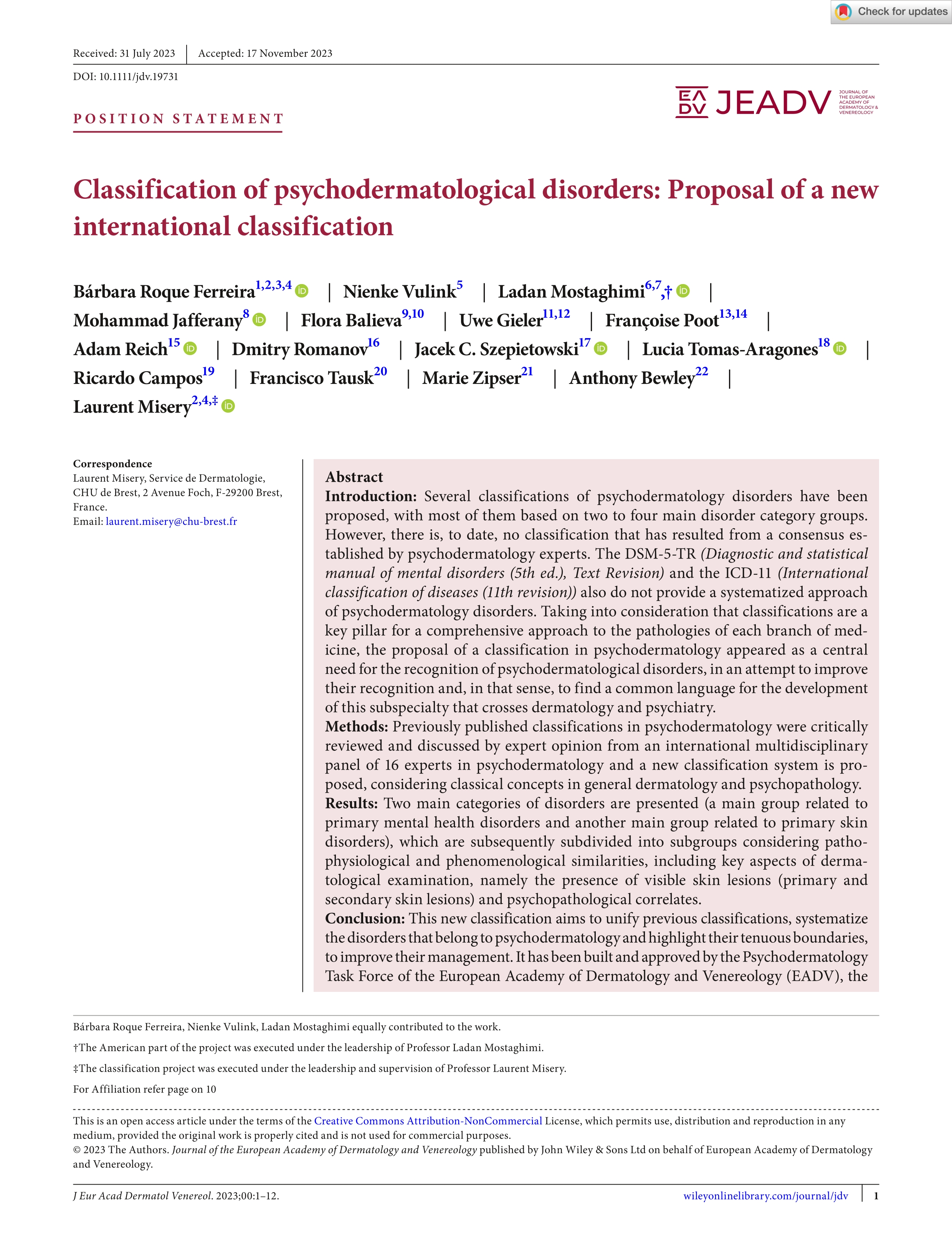 Classification of psychodermatological disorders: Proposal of a new international classification