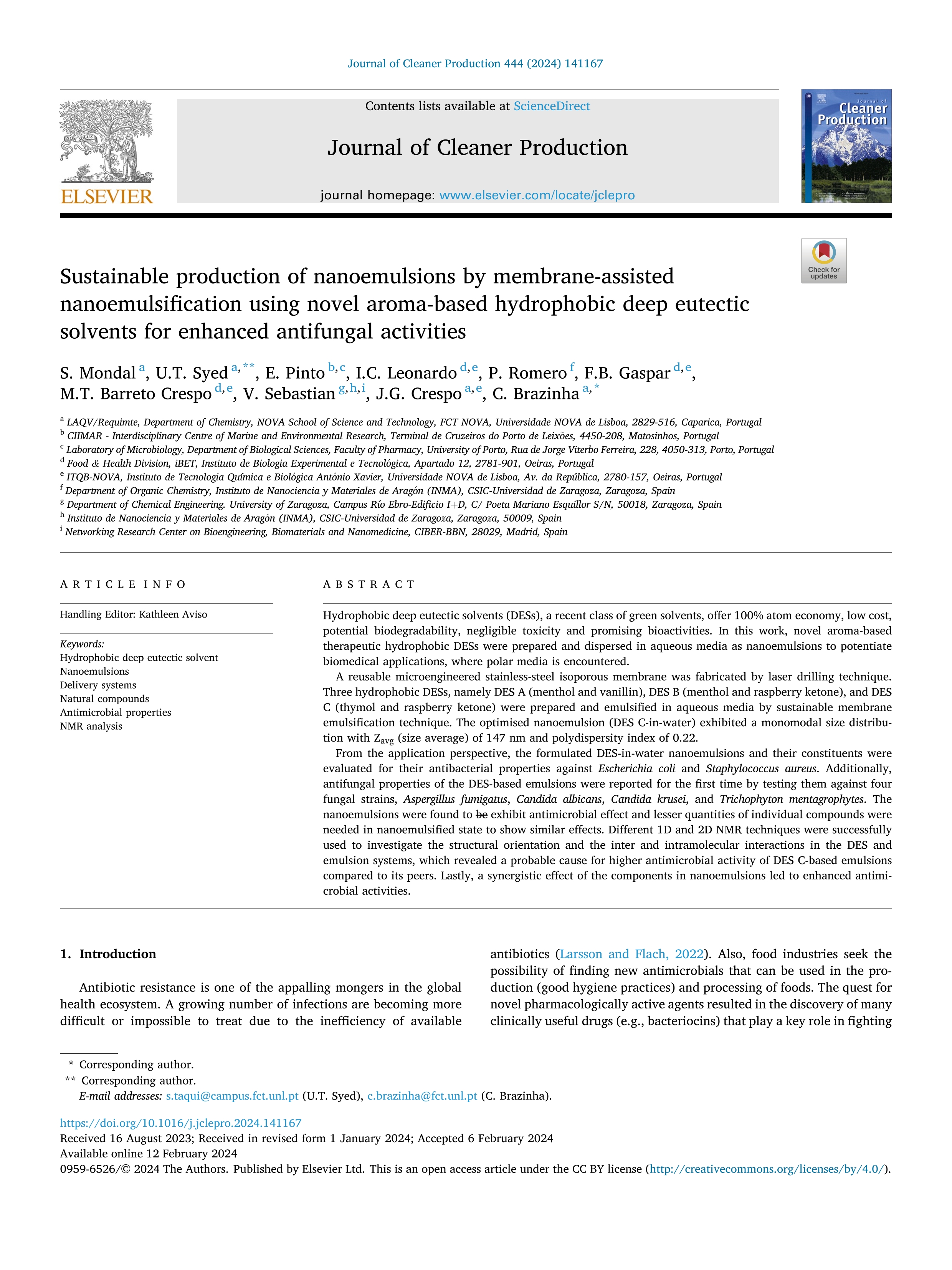 Sustainable production of nanoemulsions by membrane-assisted nanoemulsification using novel aroma-based hydrophobic deep eutectic solvents for enhanced antifungal activities