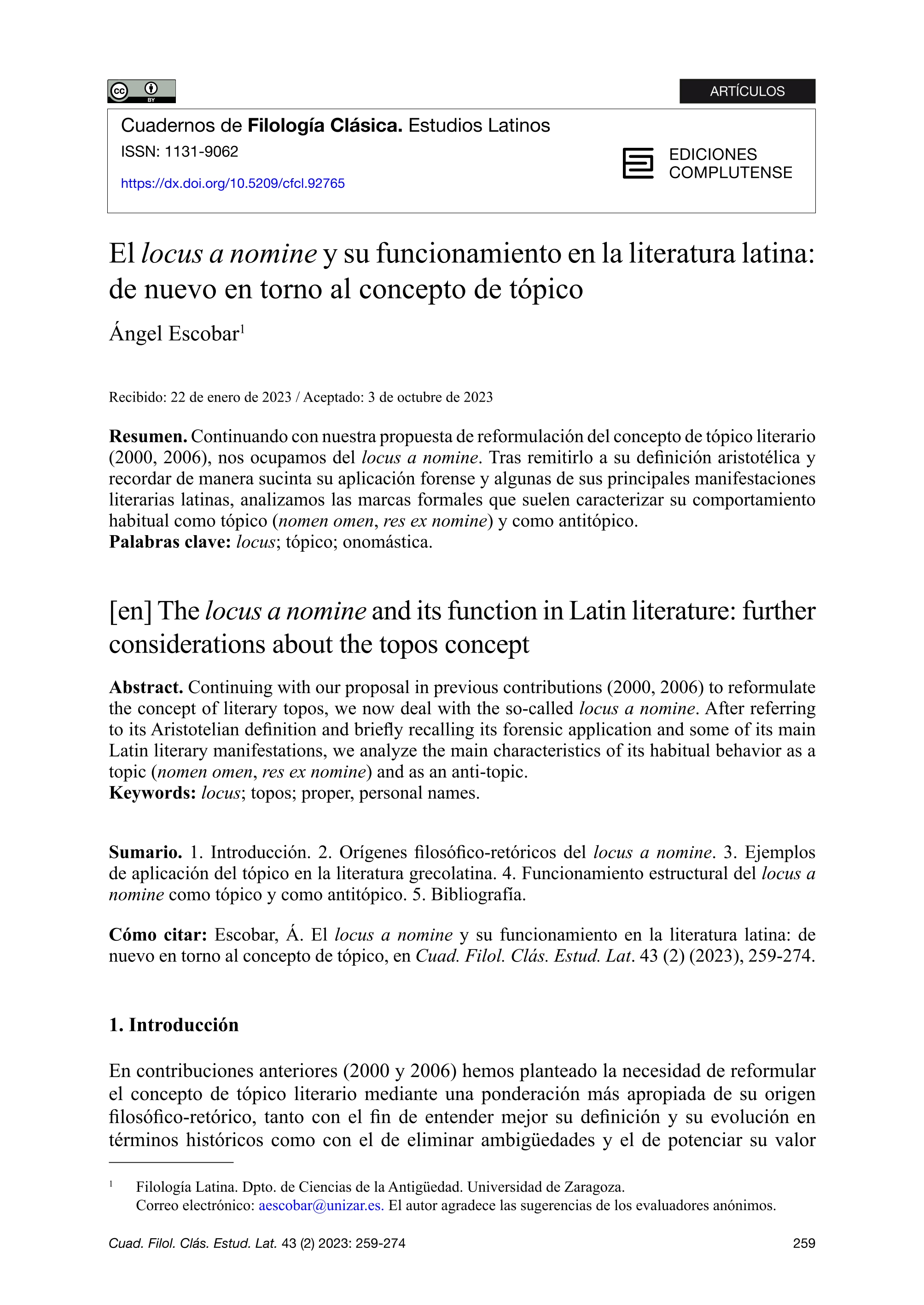El locus a nomine y su funcionamiento en la literatura latina: de nuevo en torno al concepto de tópico
