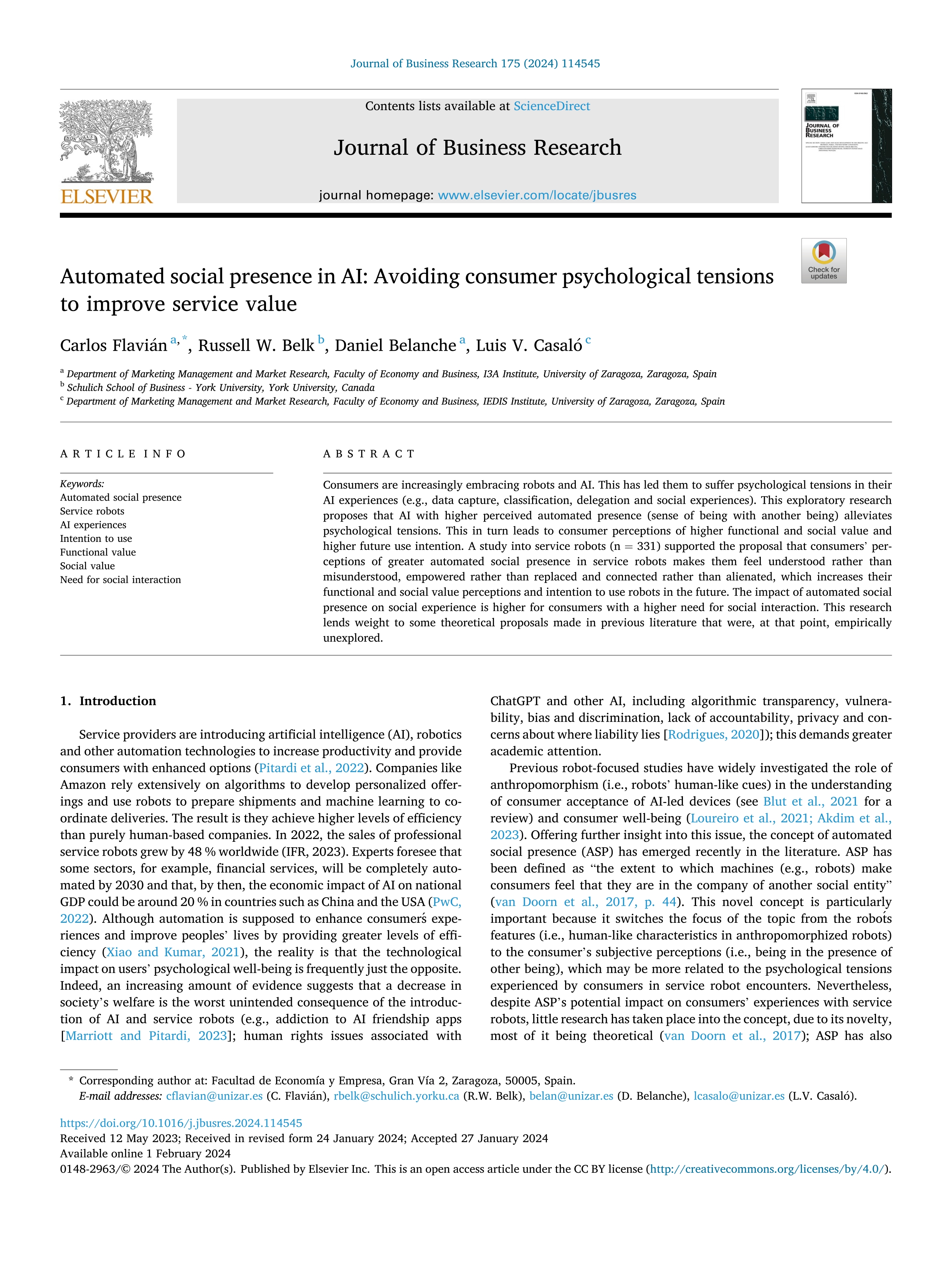 Automated social presence in AI: Avoiding consumer psychological tensions to improve service value