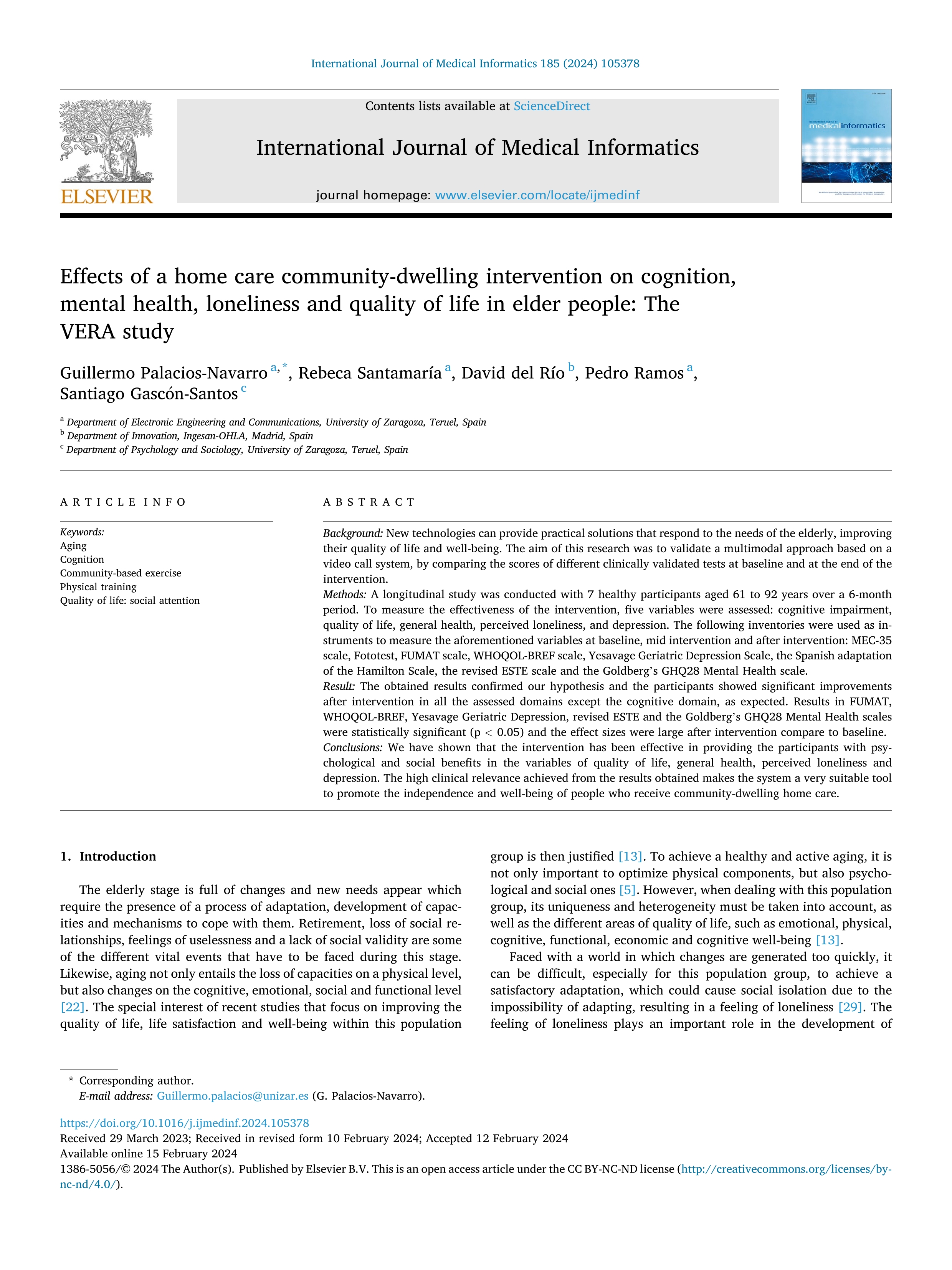 Effects of a home care community-dwelling intervention on cognition, mental health, loneliness and quality of life in elder people: The VERA study