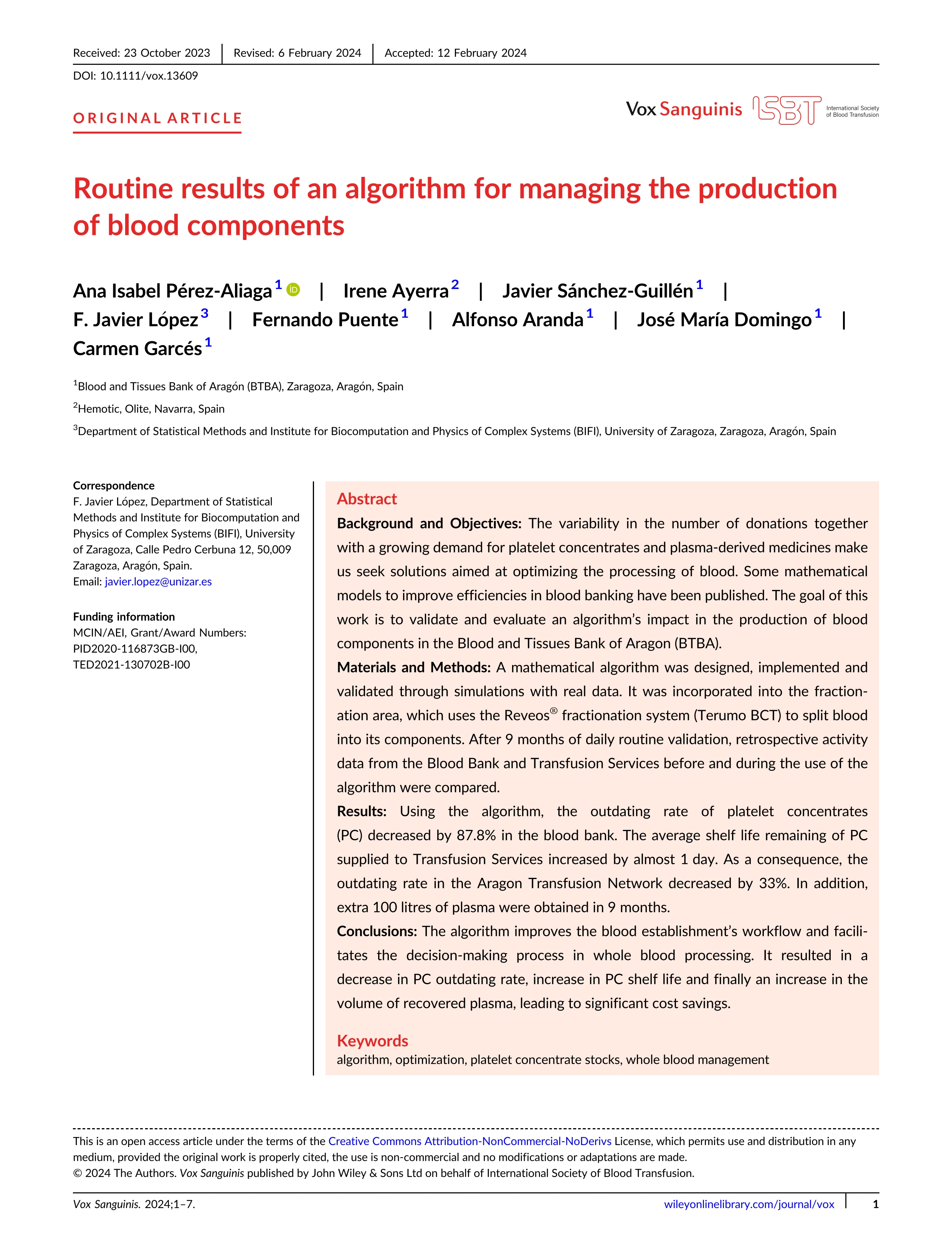 Routine results of an algorithm for managing the production of blood components