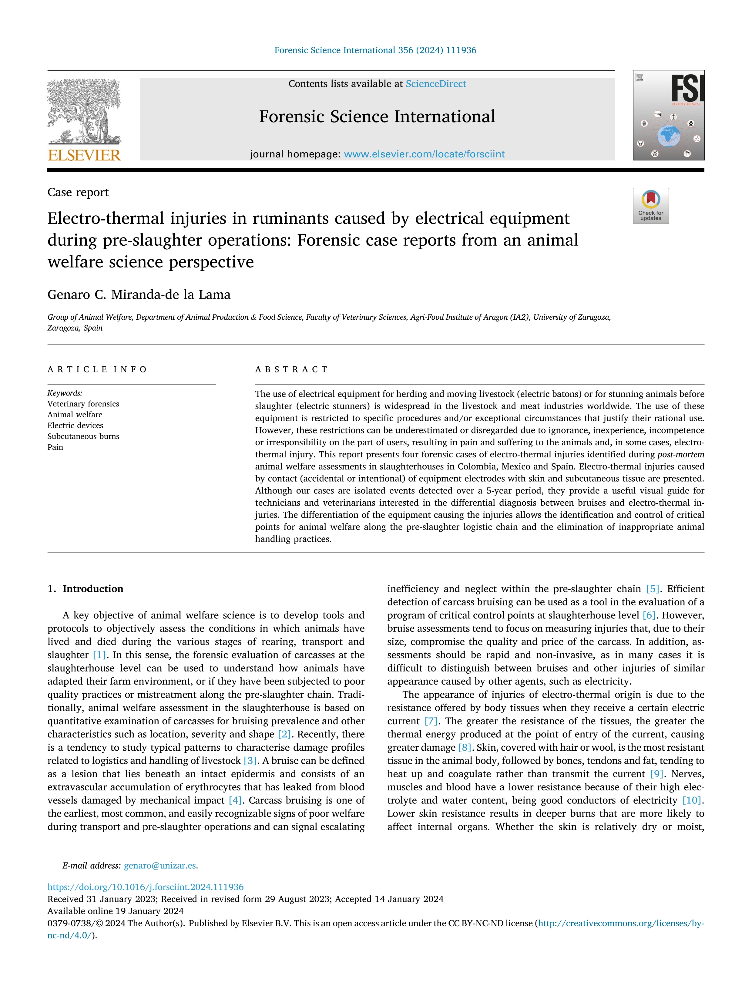 Electro-thermal injuries in ruminants caused by electrical equipment during pre-slaughter operations: Forensic case reports from an animal welfare science perspective