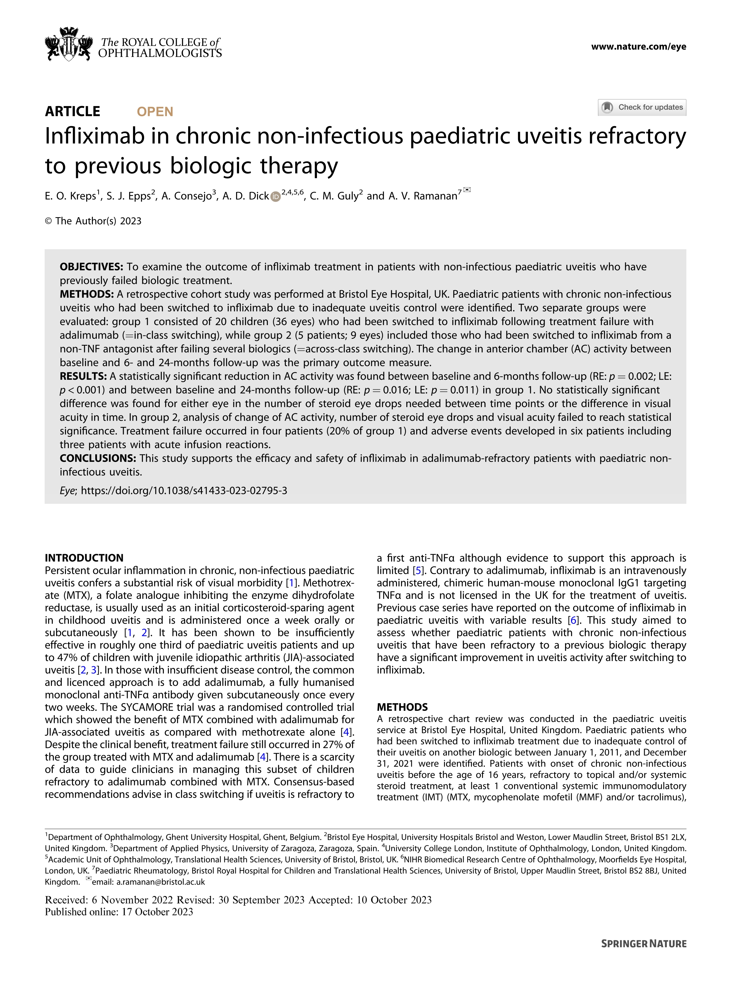 Infliximab in chronic non-infectious paediatric uveitis refractory to previous biologic therapy